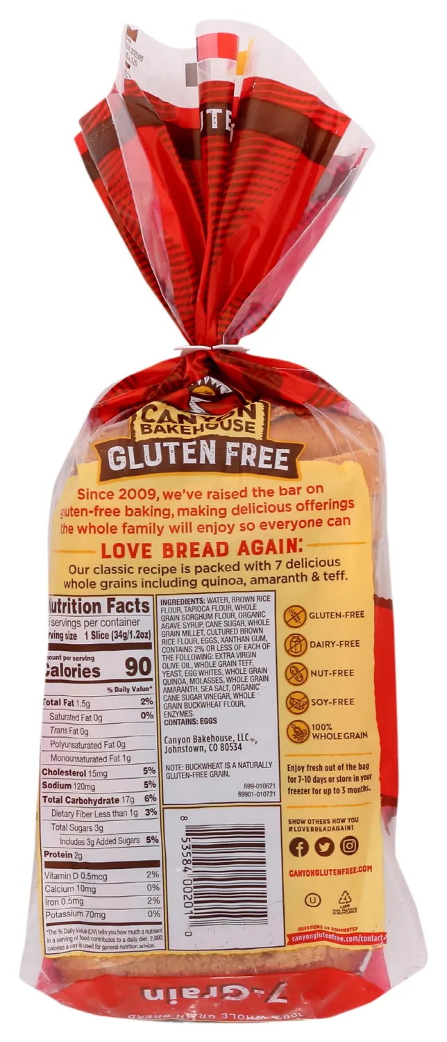 Canyon Bakehouse 7 Grain San Juan Bread, Gluten-Free, 18 oz (Frozen)