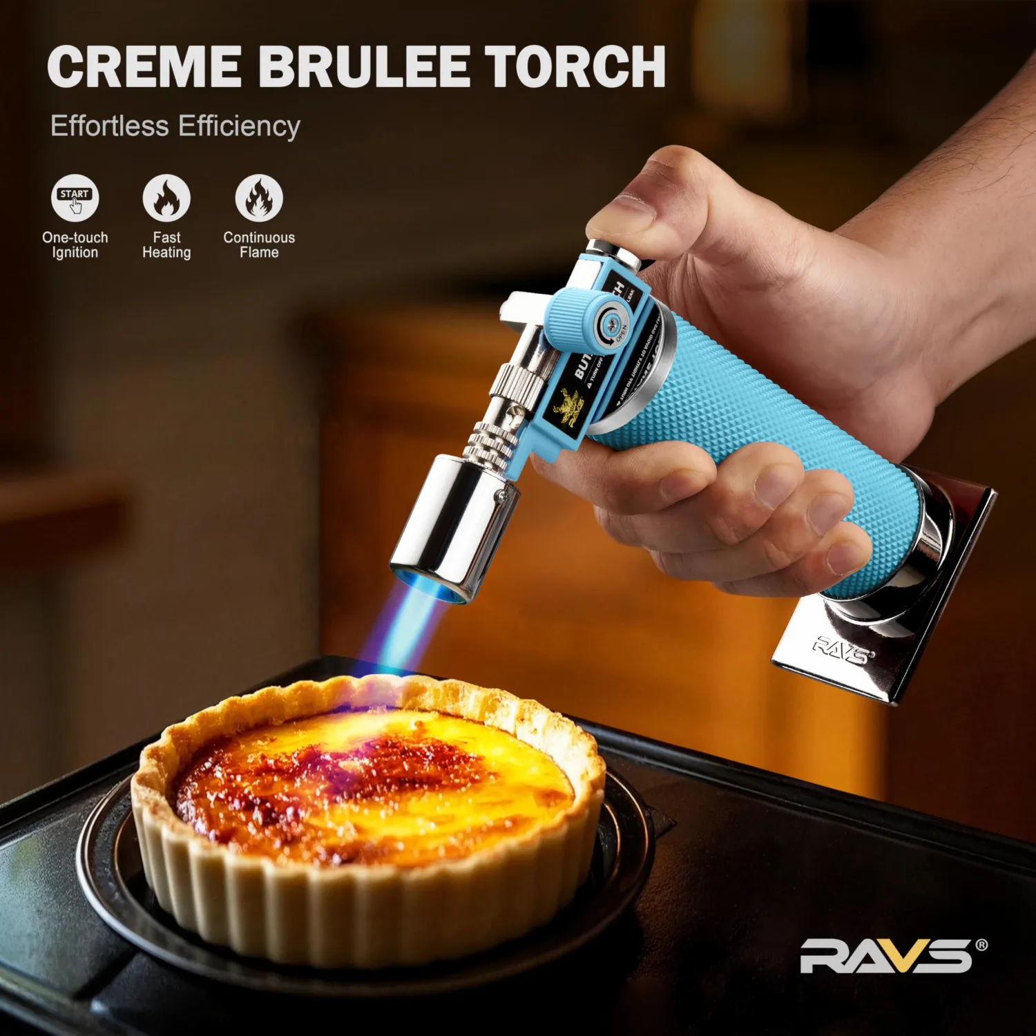 RAVS Butane Torch Lighter, Refillable Kitchen Torch with Adjustable Flame and Safety Buckle, Premium Metal Mini Torch for Baking, Soldering, Resin Art, Blue, Butane Not Included