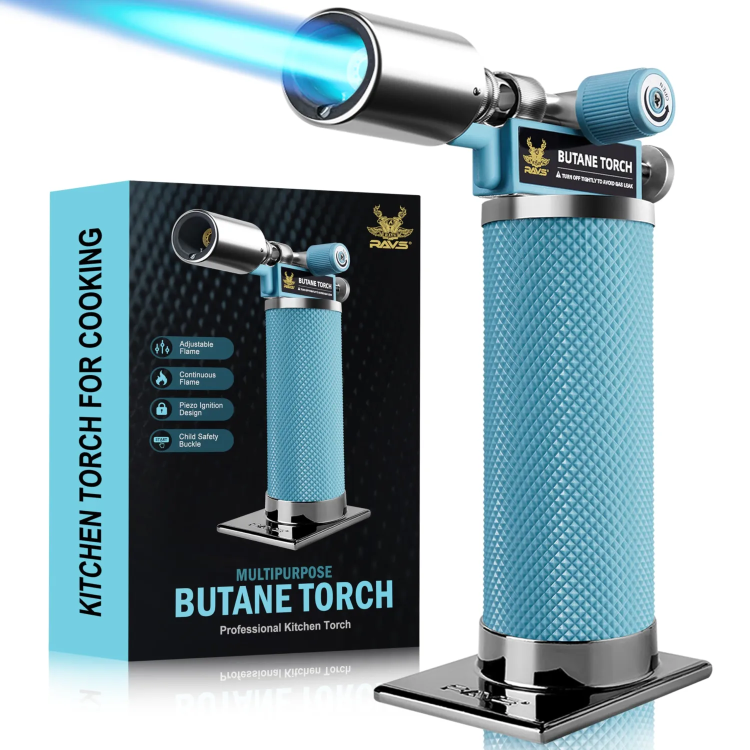 RAVS Butane Torch Lighter, Refillable Kitchen Torch with Adjustable Flame and Safety Buckle, Premium Metal Mini Torch for Baking, Soldering, Resin Art, Blue, Butane Not Included