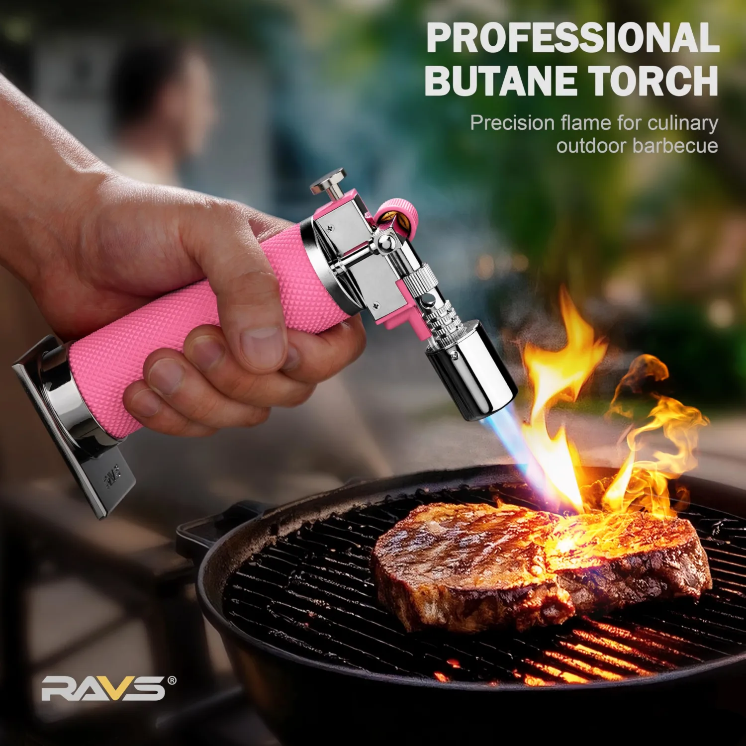 RAVS Butane Torch, Premium Metal Pink Torch Lighter with Adjustable Flame & Safety Buckle, Food Torch for Baking, BBQ, Desserts, Unique Gifts for Women, Butane Fuel Not Included