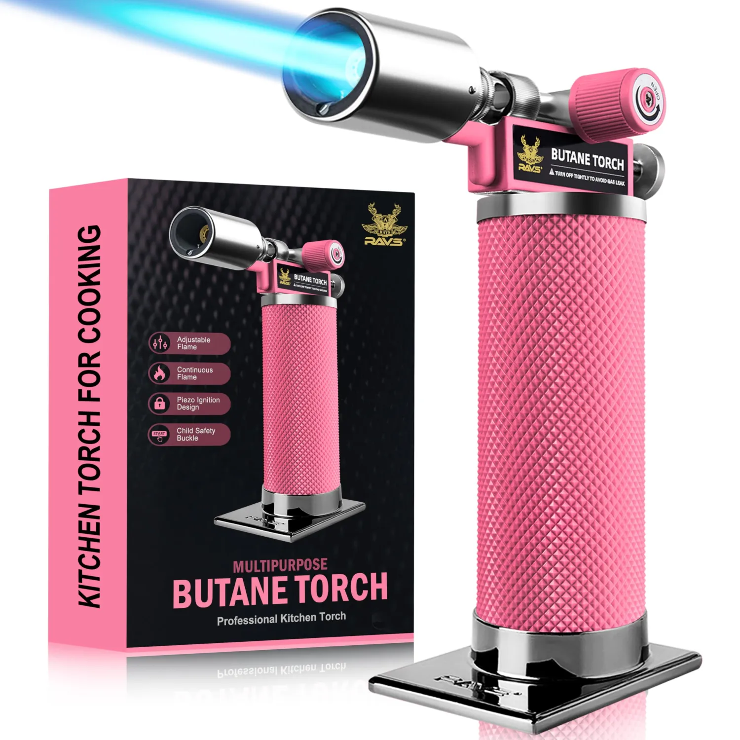 RAVS Butane Torch, Premium Metal Pink Torch Lighter with Adjustable Flame & Safety Buckle, Food Torch for Baking, BBQ, Desserts, Unique Gifts for Women, Butane Fuel Not Included