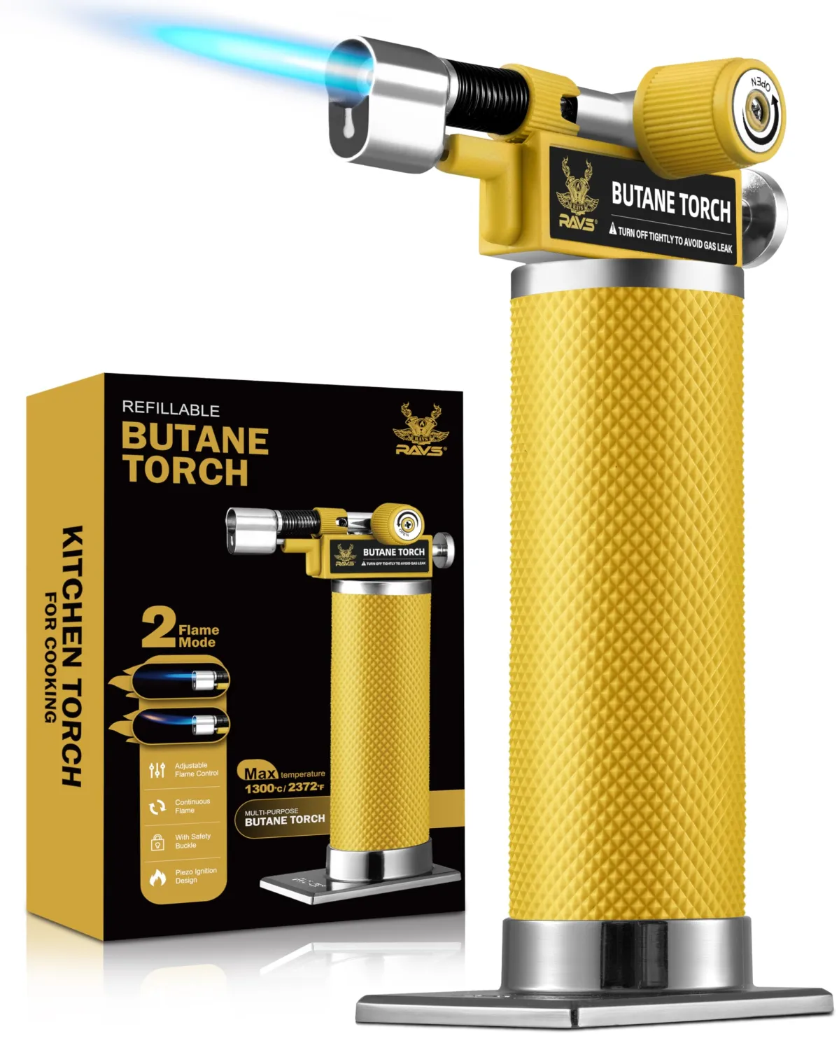 RAVS DUAL Flame Mode Butane Torch Lighter, Refillable Kitchen Torch, Metal Body Blow Torch for Baking with Adjustable Flame & Safety Buckle, Yellow Mini Torch Soldering Torch, Butane Gas Not Included