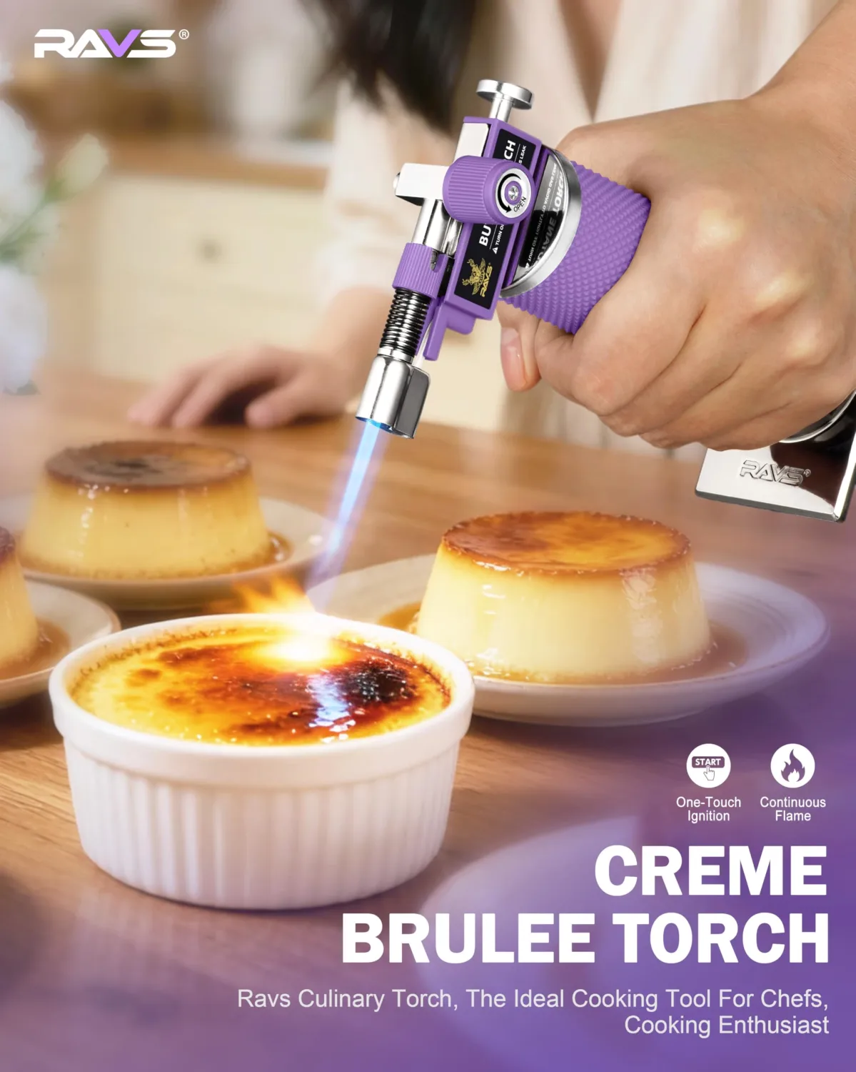 RAVS 2 Flame Mode Butane Torch Lighter, Refillable Kitchen Torch with Adjustable Flame & Safety Buckle, Metal Body Cooking Torch for Baking, BBQ, Purple Soldering Torch Butane Gas Not Included