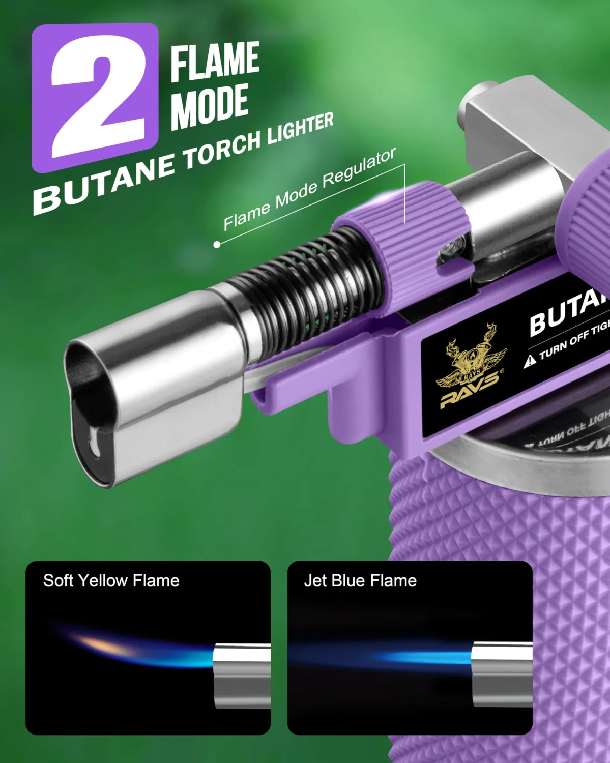 RAVS 2 Flame Mode Butane Torch Lighter, Refillable Kitchen Torch with Adjustable Flame & Safety Buckle, Metal Body Cooking Torch for Baking, BBQ, Purple Soldering Torch Butane Gas Not Included