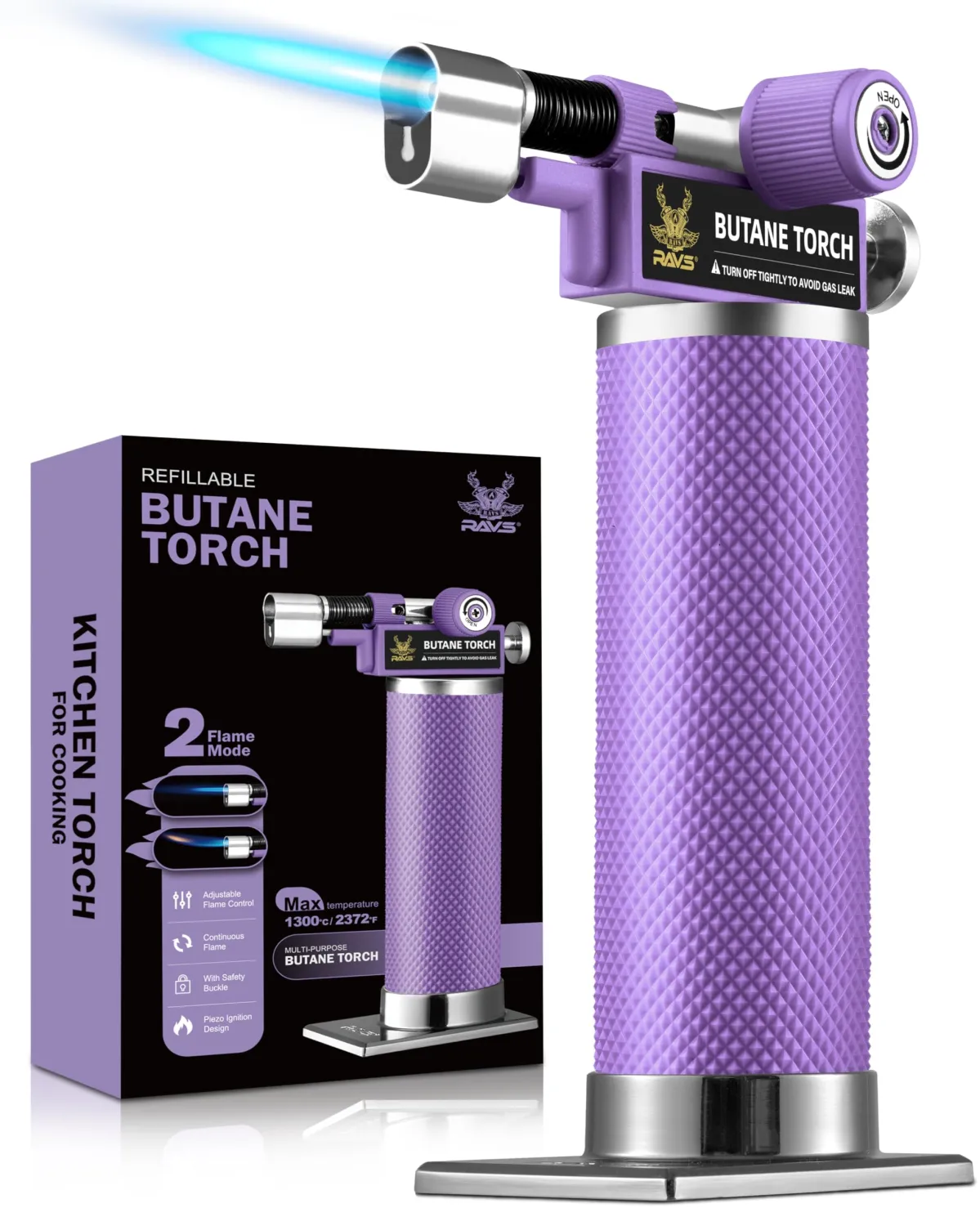 RAVS 2 Flame Mode Butane Torch Lighter, Refillable Kitchen Torch with Adjustable Flame & Safety Buckle, Metal Body Cooking Torch for Baking, BBQ, Purple Soldering Torch Butane Gas Not Included