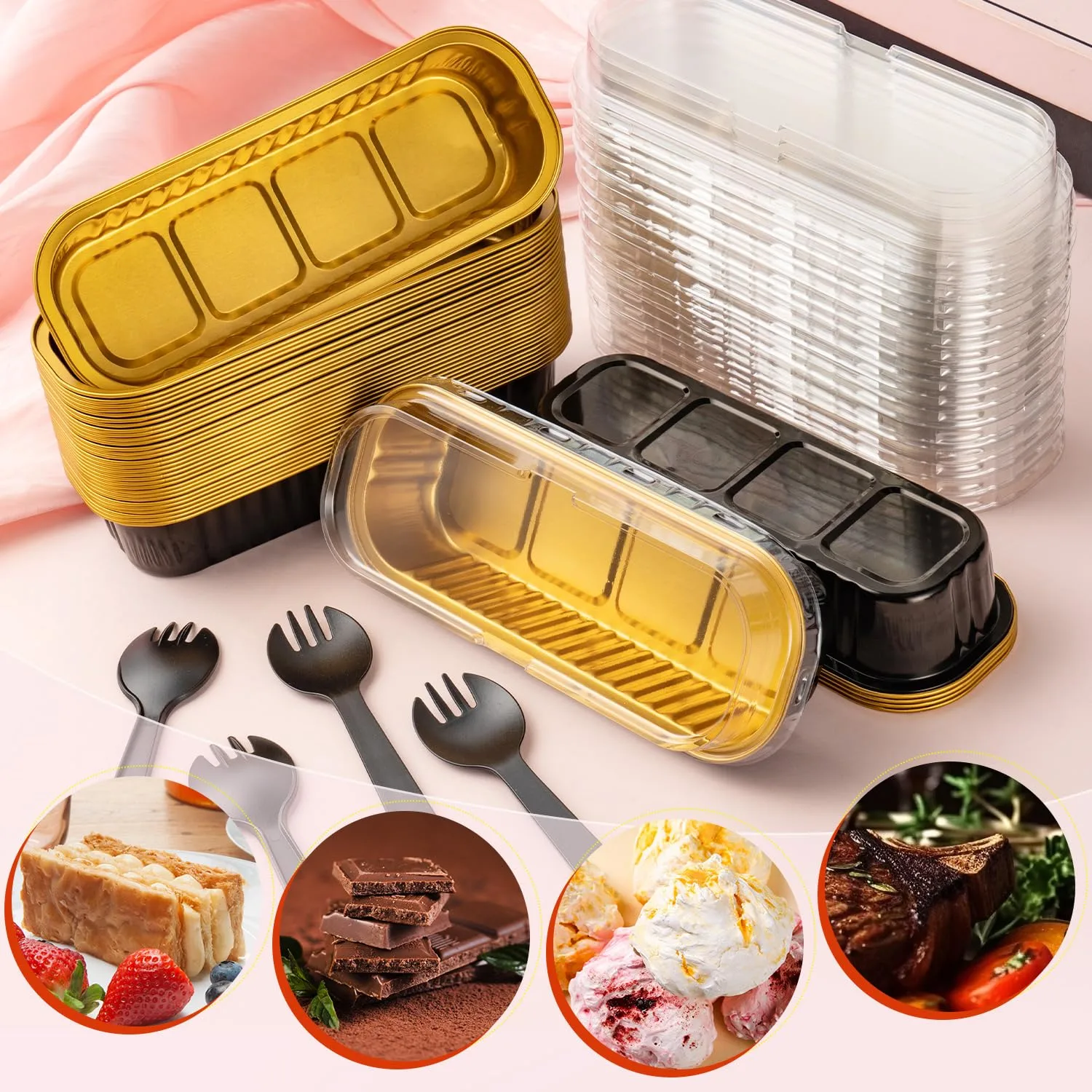 FNIU 30Pcs Mini Loaf Pans with Lids, Aluminum Foil Baking Pans, Rectangle Mini Cake Pans, Brownie Baking Cups for Wedding Birthday Party (Black Gold)