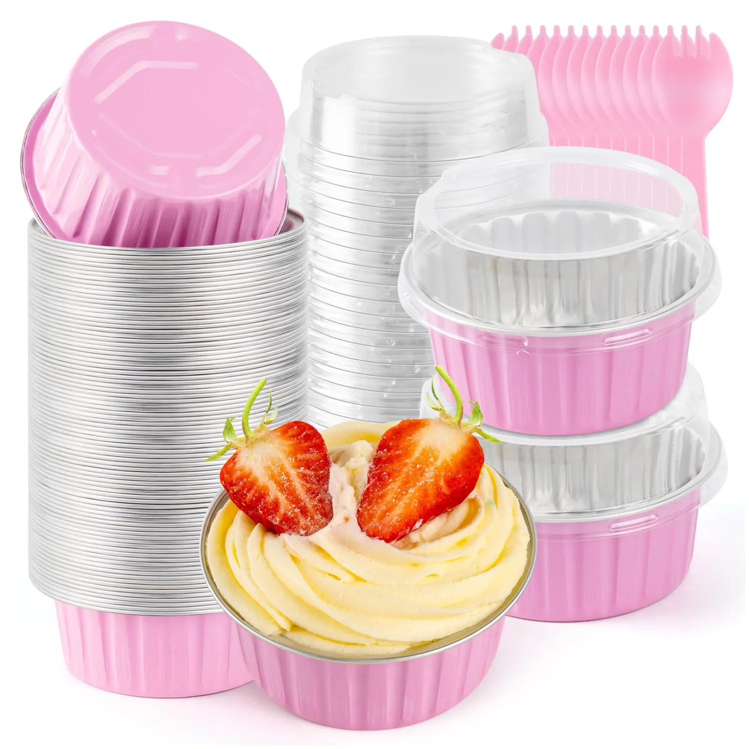 60Pcs Mini Loaf Pans with Lids and Spoons, Aluminum Foil Baking Pans, Round Mini Cake Pan, Brownie Baking Cups for Picnics Party (Pink)