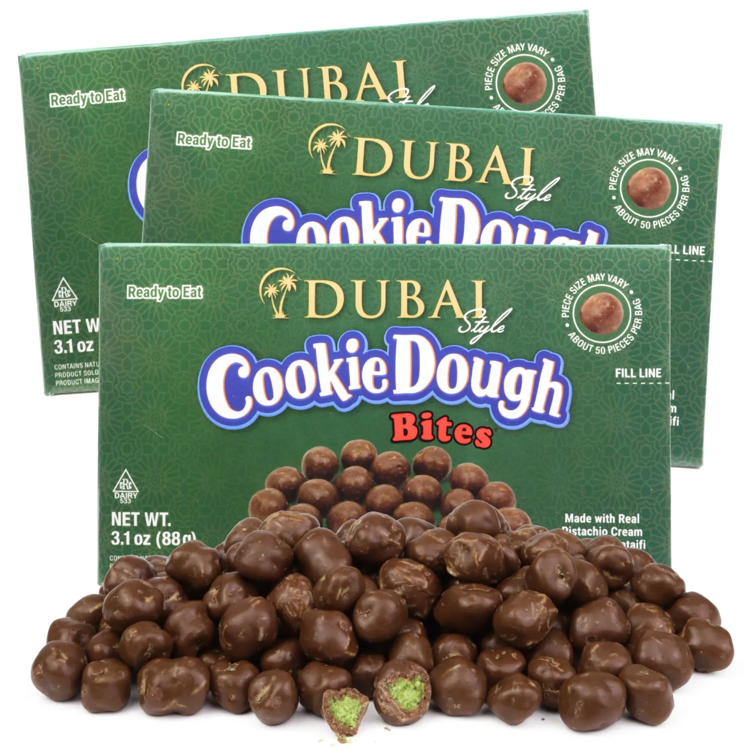 Dubai Chocolate Cookie Dough Bites, Made with Real Pistachios and Kataifi, Gourmet Candy Gift, 3.1 Ounces (Pack of 3)