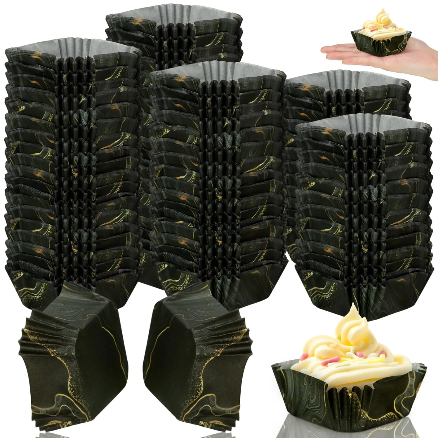 Tanlade 350 Pcs Square Mini Cupcake Liners Disposable Brownie Baking Pan Liners 1.77 Inch Paper Baking Cup for Cup and Cupcakes Party Supplies for Weddings Birthdays Bridal Showers(Black Marble)