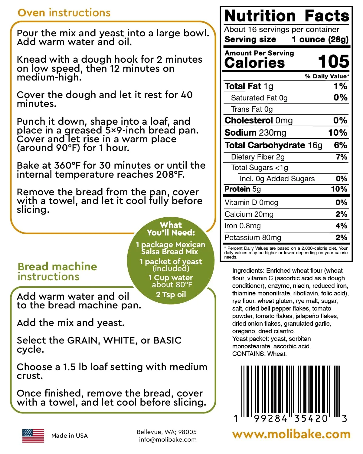 Molibake Mexican Salsa Bread Mix – Premium Artisan Bread Mix for Bread Machine and Oven – 15 oz – All-Natural Gourmet Blend with Tomato, Jalapeño, Bell Pepper, Onion, Garlic & Cilantro – Easy-to-Use Bread Maker Mix for Homemade Baking
