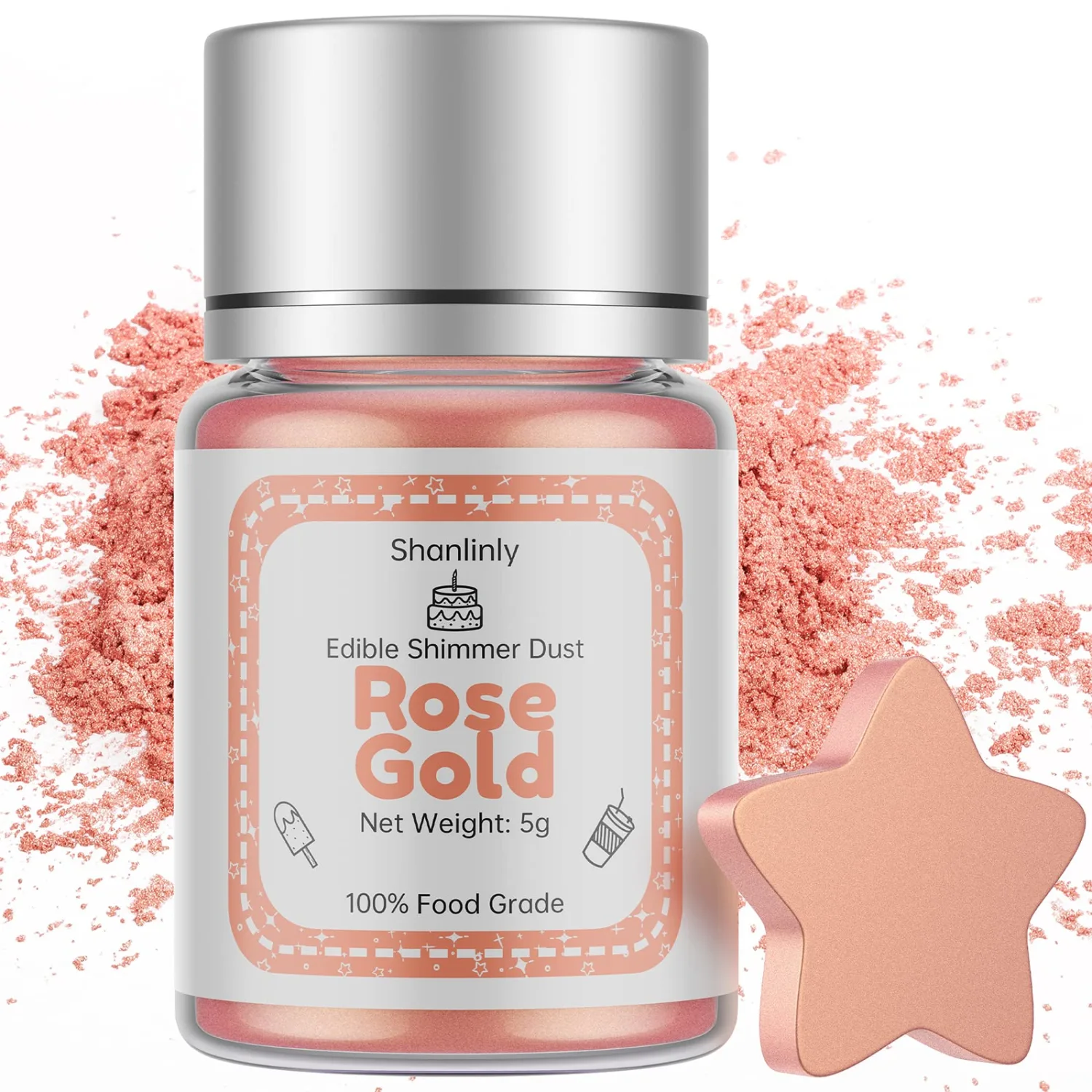 Shanlinly Rose Gold Luster Dust Edible - 5 Grams Food Grade Cake Dust Shimmer Powdered, Edible Metallic Powder Food Coloring for Cake Decorating, Chocolates, Fondant, Drinks, Painting & More, Vegan