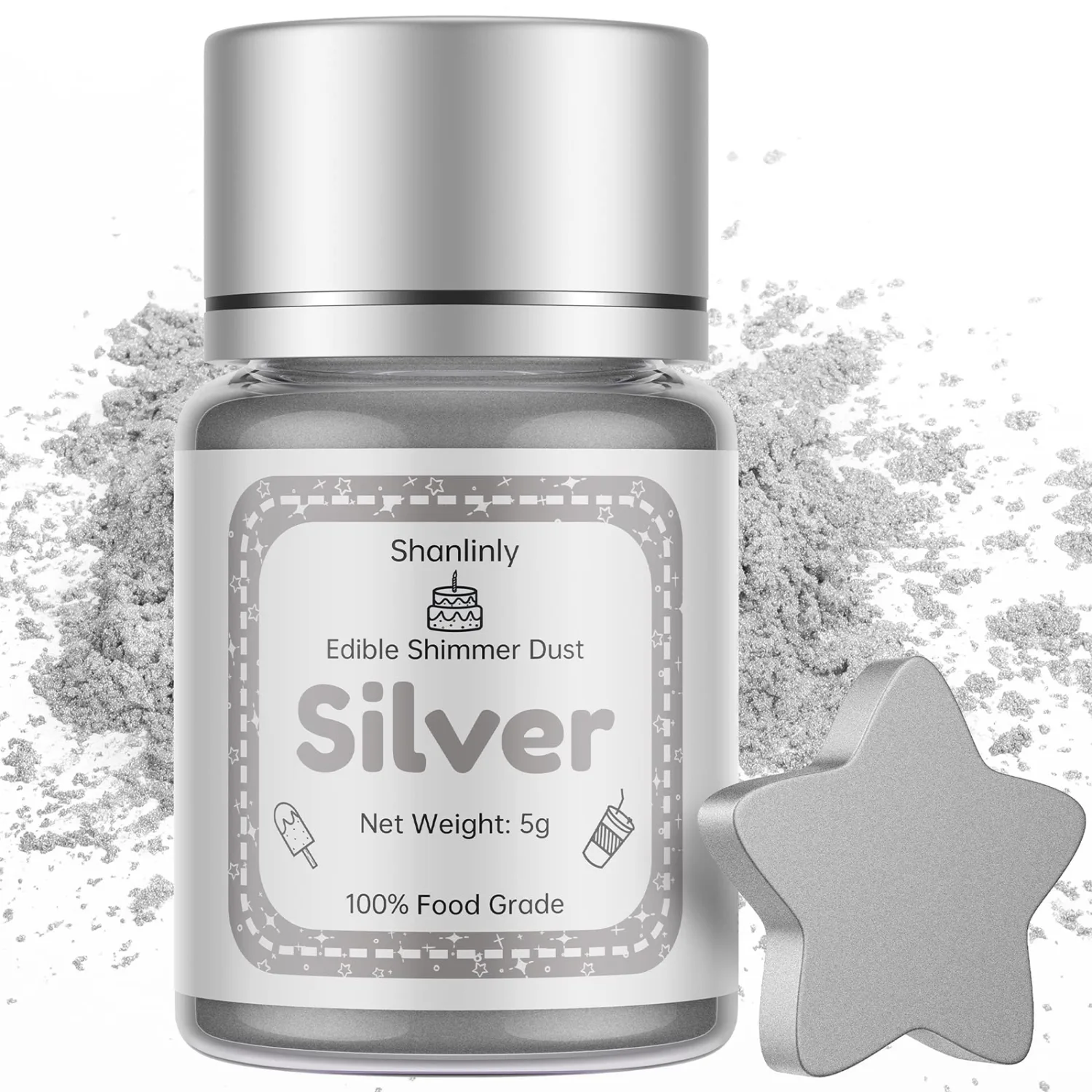 Shanlinly Silver Edible Luster Dust - 5 Grams Food Grade Cake Dust Shimmer Powdered, Edible Metallic Powder Food Coloring for Cake Decorating, Chocolates, Fondant, Drinks, Painting & More, Vegan
