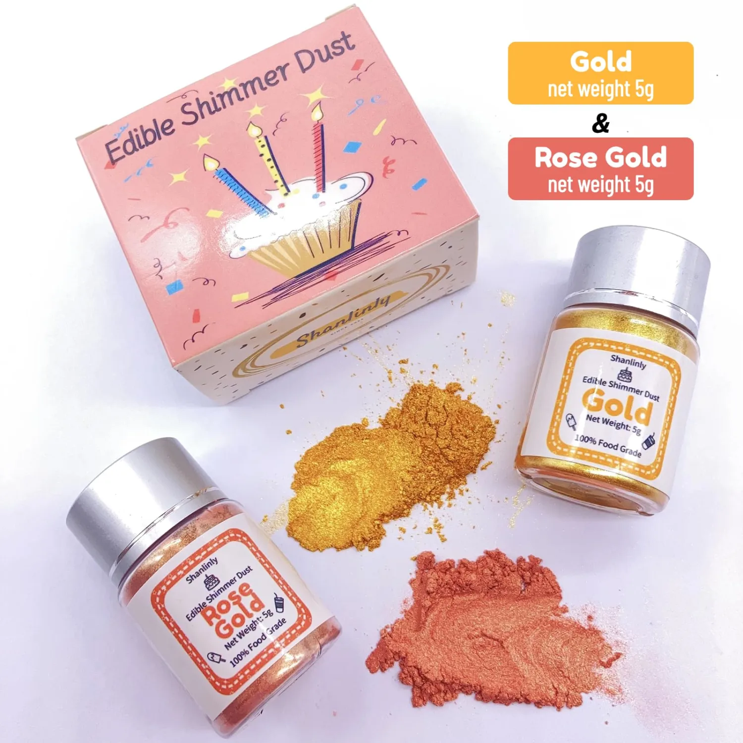 Gold Rose Gold Luster Dust Edible Glitter Drinks Set - Food Grade Cake Dust Shimmer Powdered, Vegan Edible Metallic Powder Food Coloring for Cake Decorating, Chocolates, Fondant, Paints, Kosher