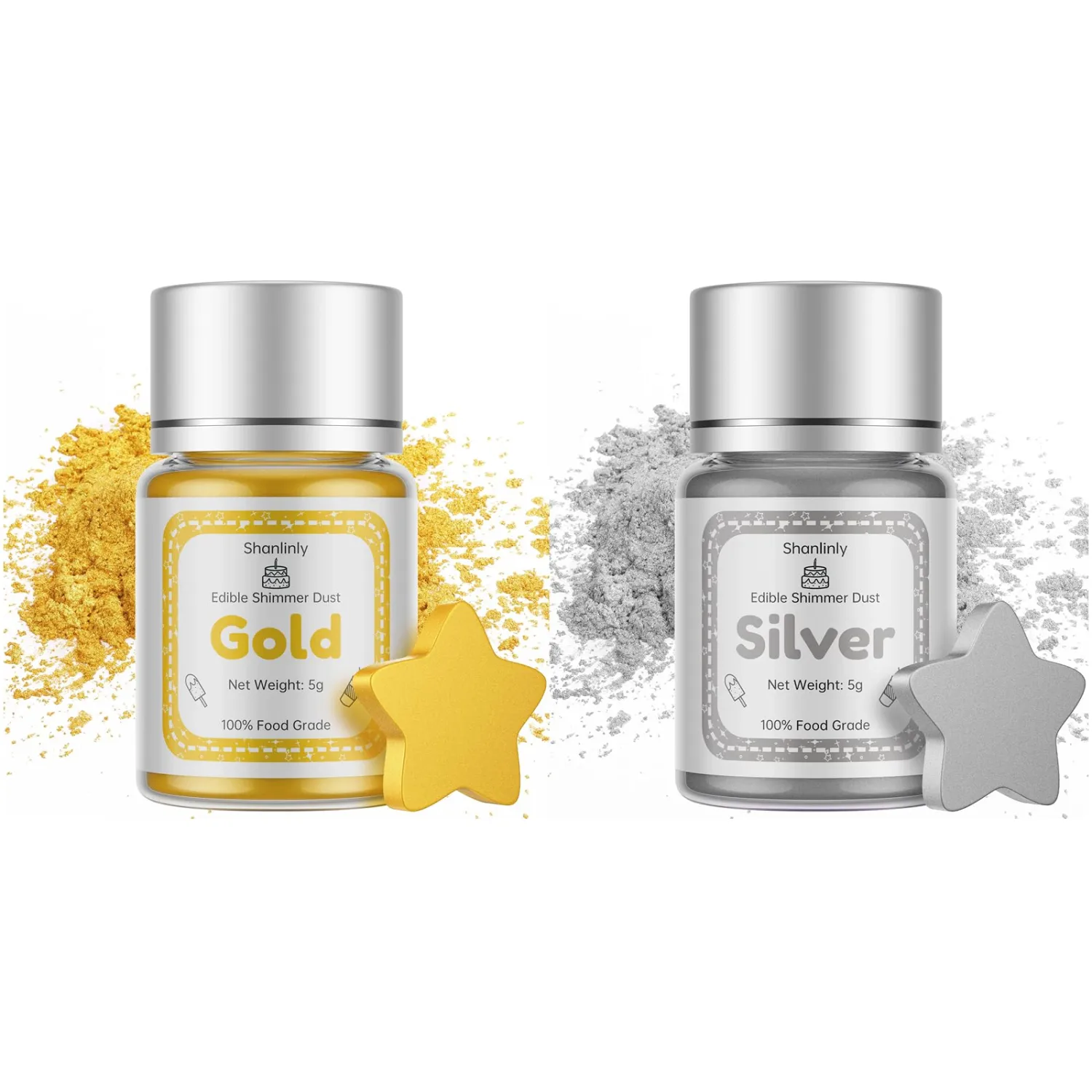 Gold Silver Luster Dust Edible Set - 5g Food Grade Gold Cake Dust Shimmer Powdered, Vegan Silver Edible Metallic Food Coloring Powder for Cake Decorating, Chocolates, Fondant, Drinks, Paints, Kosher