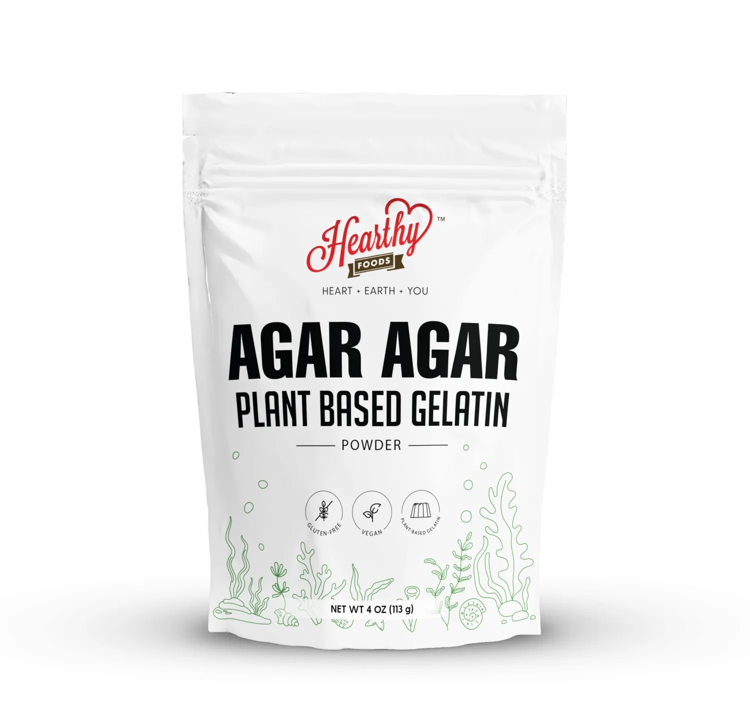 Hearthy Foods Agar Agar Powder (4oz) Vegan Gelatin Substitute, Certified Halal, Kosher, Gluten-free, Non-GMO, 100%, Sugar-free, Kosher, Halal, Desserts, 100% Natural Red Algae