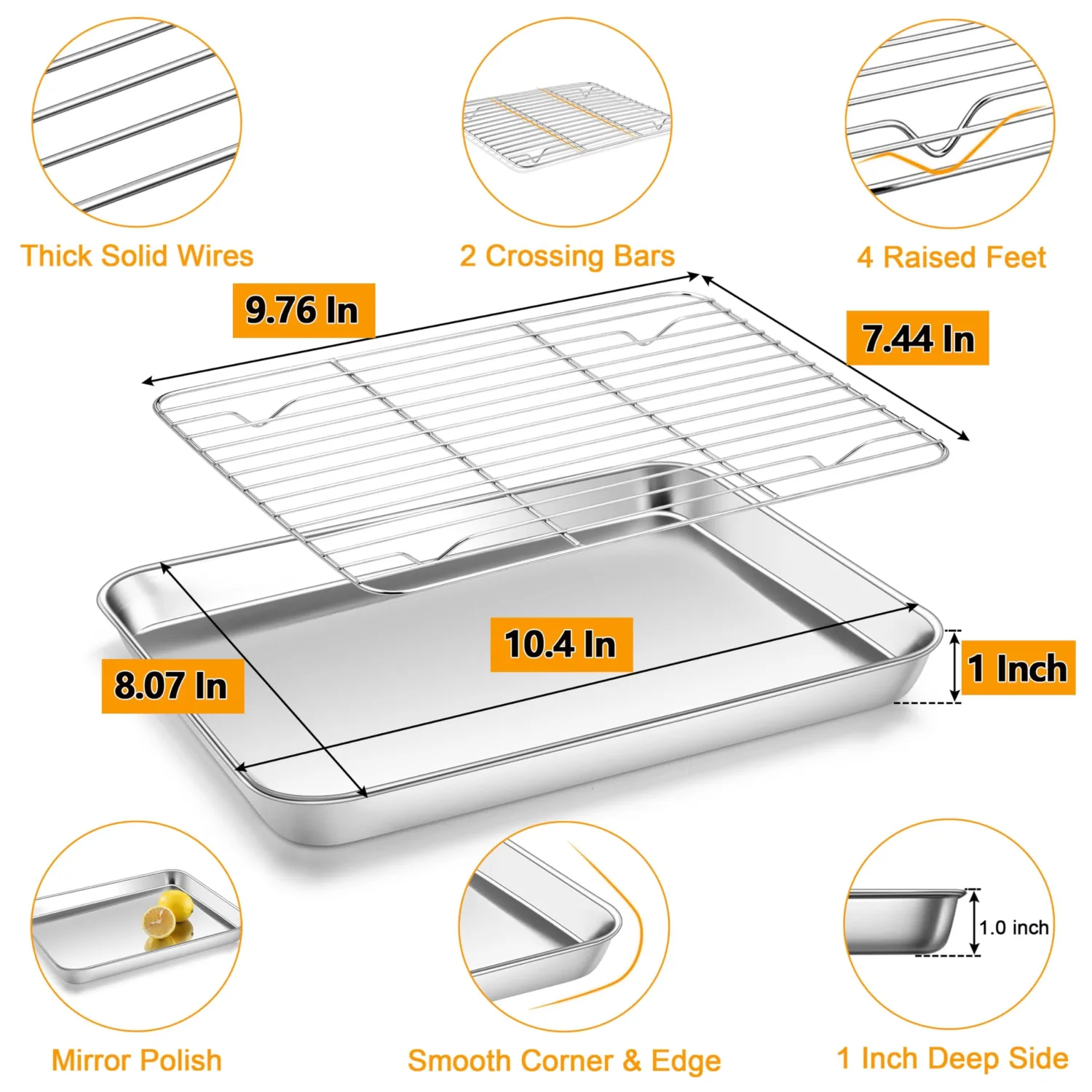 Homikit Baking Sheet with Wire Rack (1 Pan + 1 Rack), 10.5 x 8 Inches Stainless Steel Small Baking Pan with Cooling Rack, Metal Cookie Sheets Bacon Tray for Toaster Oven, Rust Free & Dishwasher Safe