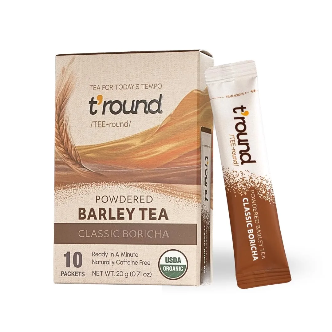 T'ROUND Organic Powdered Barley Tea | Instant-infuse Caffeine-free Classic Boricha | 10 Packets (Pack of 1)