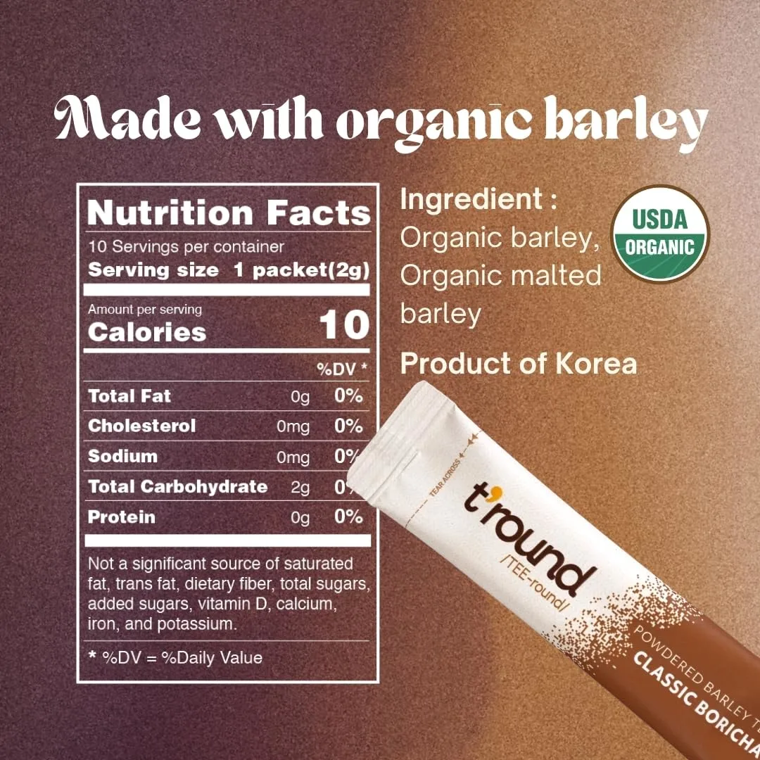 T'ROUND Organic Powdered Barley Tea | Instant-infuse Caffeine-free Classic Boricha | 10 Packets (Pack of 1)
