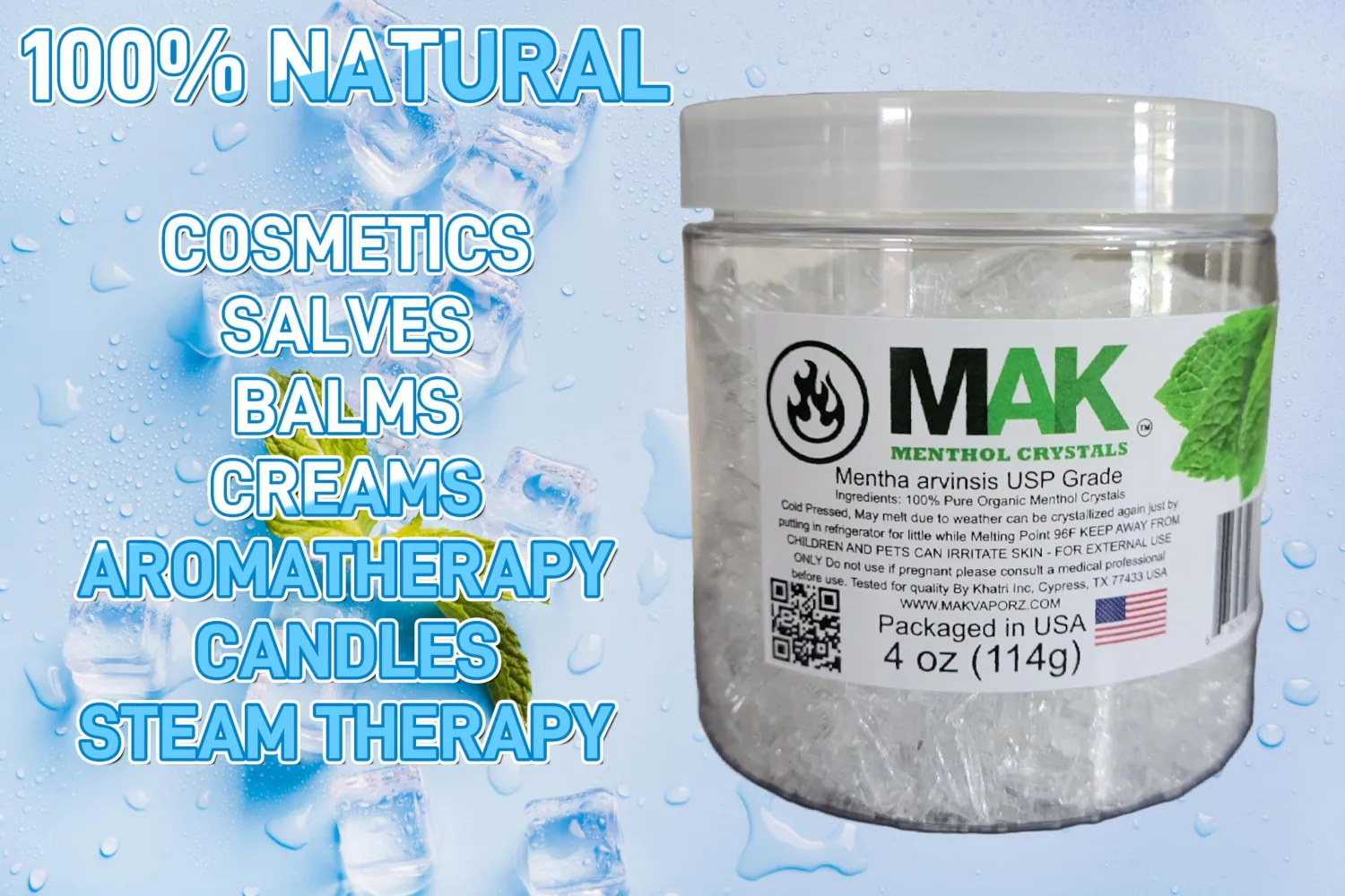 Menthol Crystals 4 oz - Pure Organic 100% Natural - Menthol Crystals from Mint Crystal Mints Mentha Arvensis - Comes in a Jar for Long-Lasting Freshness