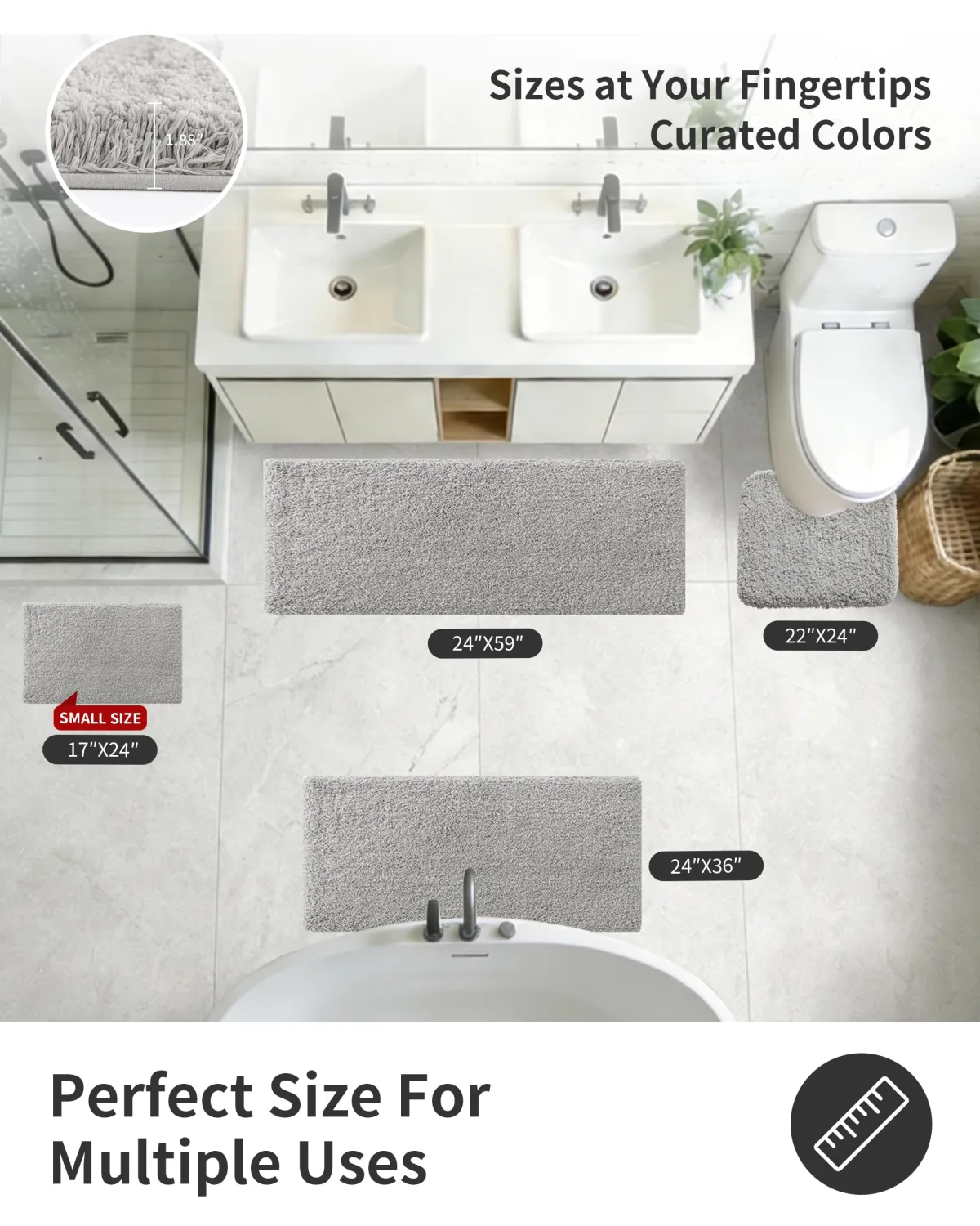 ILANGO Grey Bathroom Rugs 36" × 24" Non Slip & Super Absorbent Extra Thick Soft, Washable Bath Mat for Floor, Microfiber Plush Shaggy Bath Rug with Rubber for Bathtub Shower Room Sink