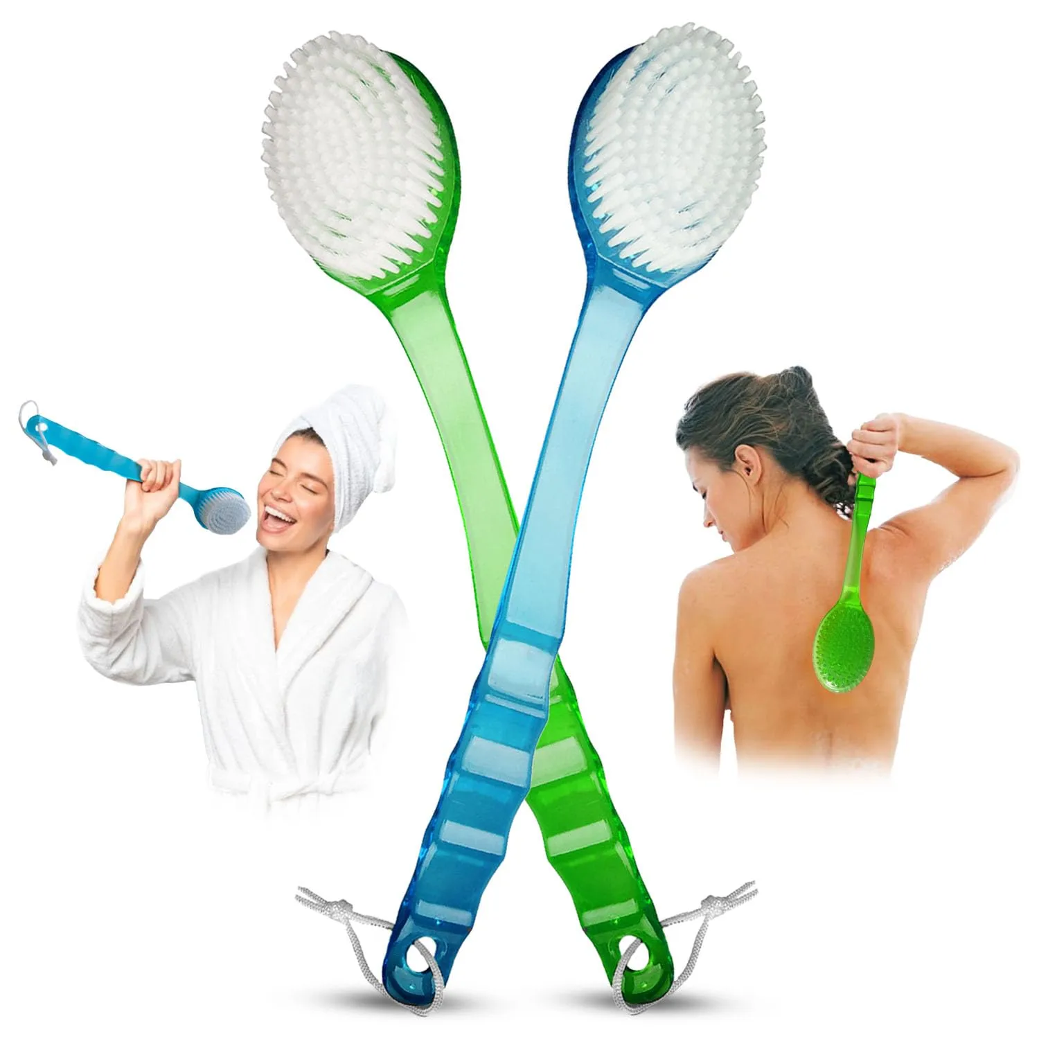 2 Pack Back Scrubber Shower Brush with 14 inch Long Handle, Soft Bristles Full Body Skin Exfoliator for Bath Wet or Dry Brush for Men & Women (14")