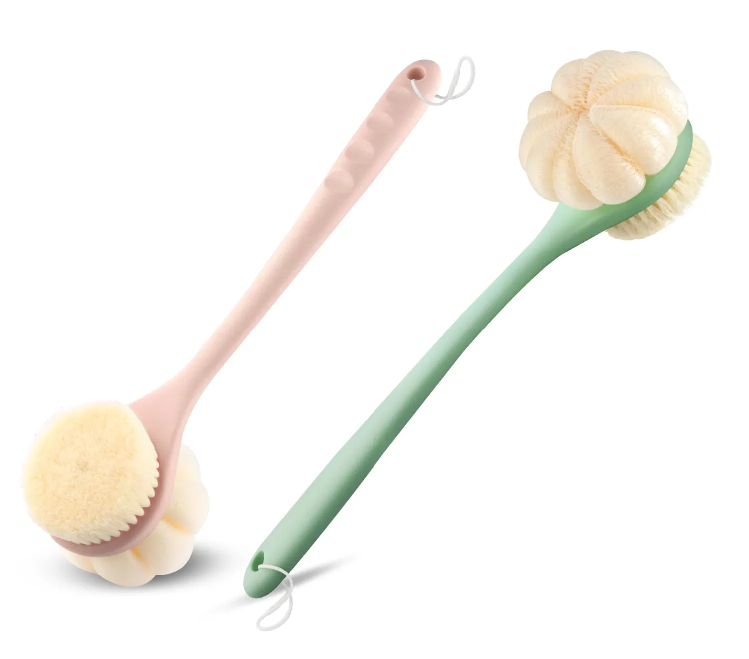 2 Pack Double-Sided Back Bath Brush,16" Curved Long Handle Back Scrubber for Shower with Soft Bristles and Loofah,Body & Back-Cleaning Helper Scrubber Wet or Dry for Men and Women-Green+Pink