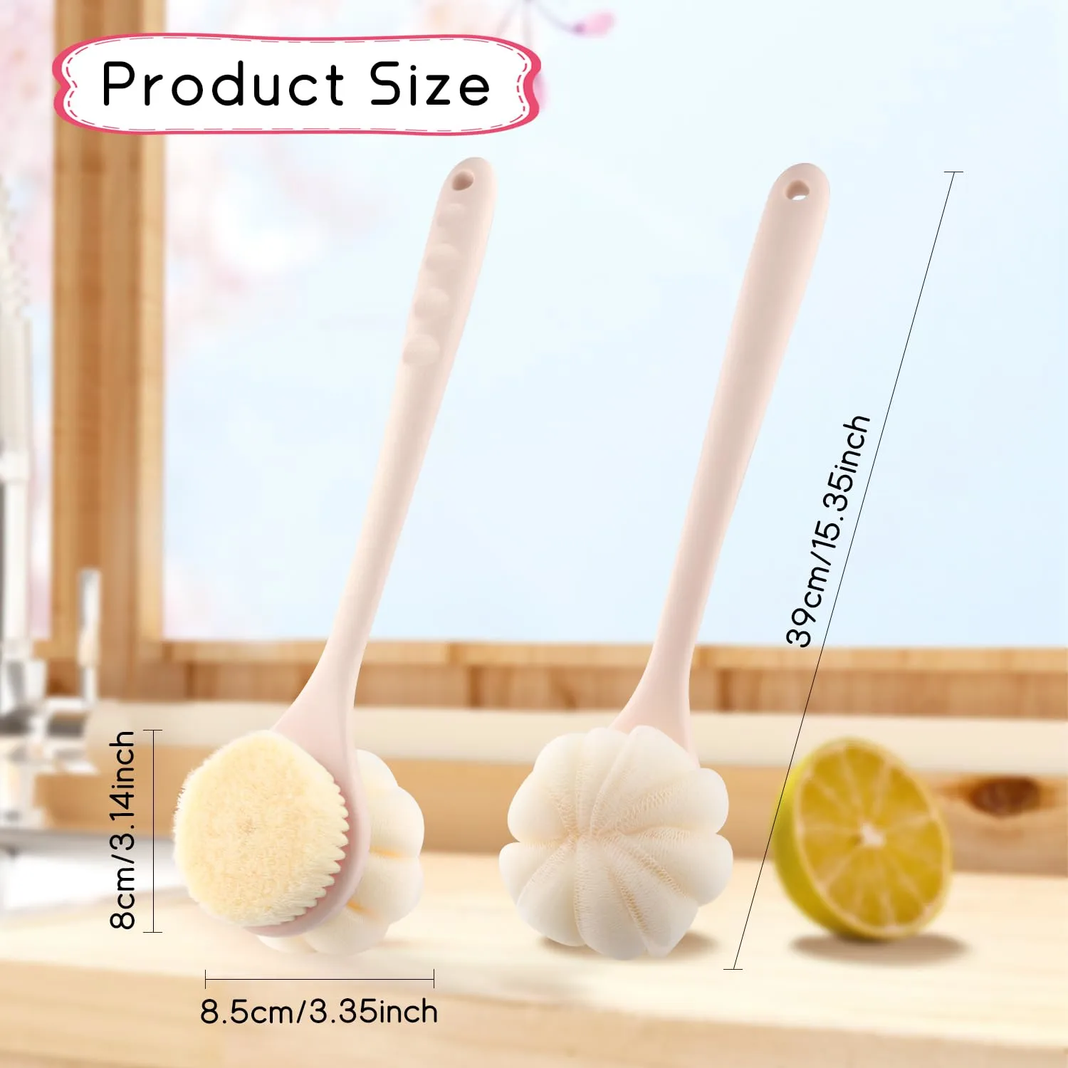 2-Pack Pink Double Sided Bath Brush with Soft Bristles and Loofah,Long Handle Back Scrubber,Exfoliating Back Shower Brush for Women and Men