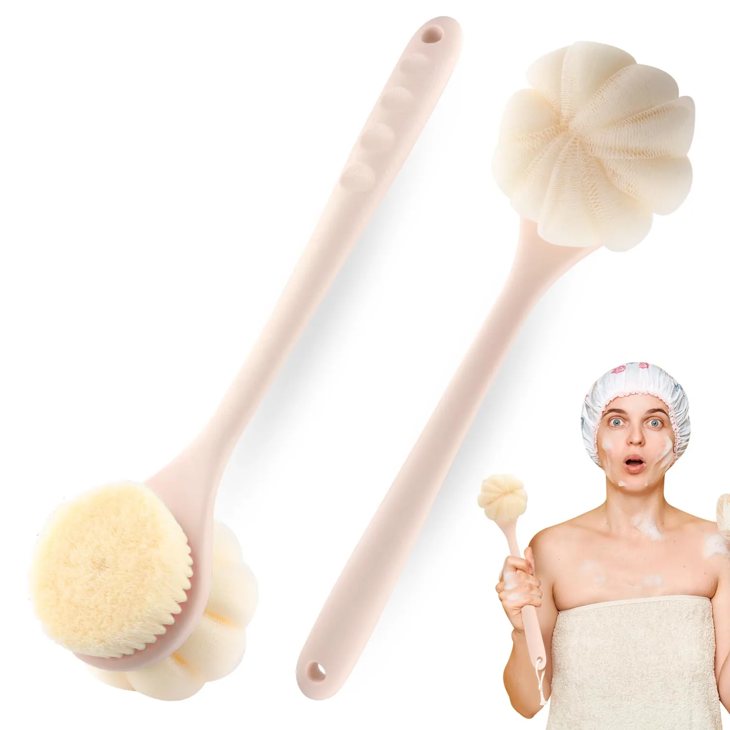 2-Pack Pink Double Sided Bath Brush with Soft Bristles and Loofah,Long Handle Back Scrubber,Exfoliating Back Shower Brush for Women and Men