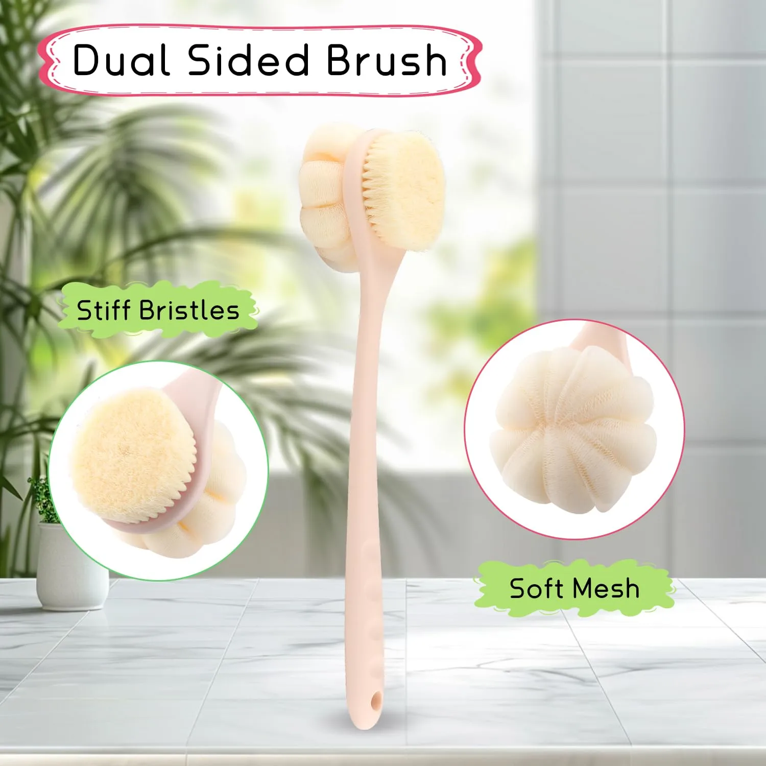 2-Pack Pink Double Sided Bath Brush with Soft Bristles and Loofah,Long Handle Back Scrubber,Exfoliating Back Shower Brush for Women and Men