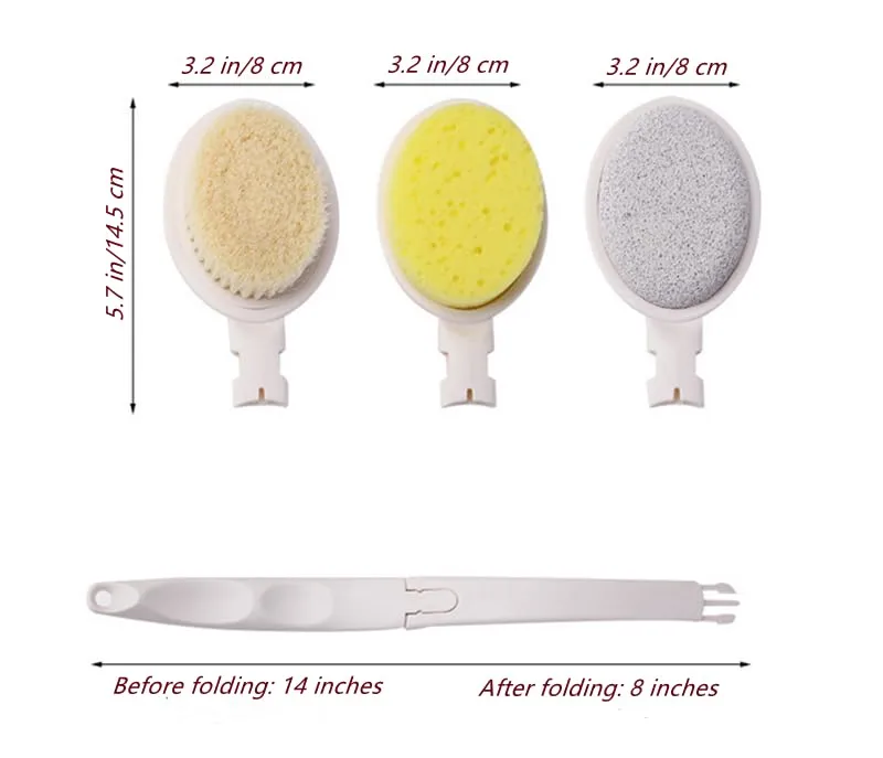 3 in 1 Bath Brush Set, Extra Long Handle Foldable Body Bath Brush for Women, Men, exfoliating or Skin Brush