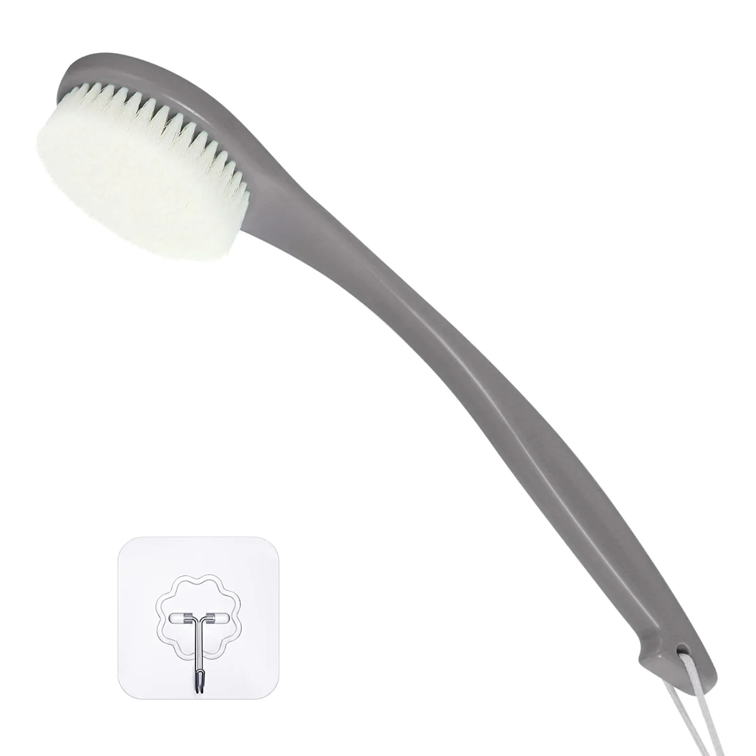 Bath Brush Long Handle for Shower, Soft Bristle Back Scrubber for Shower, Ergonomics Curved Long Handle Back Brush Exfoliating Body Scrubber with Hook and Lanyard-Grey