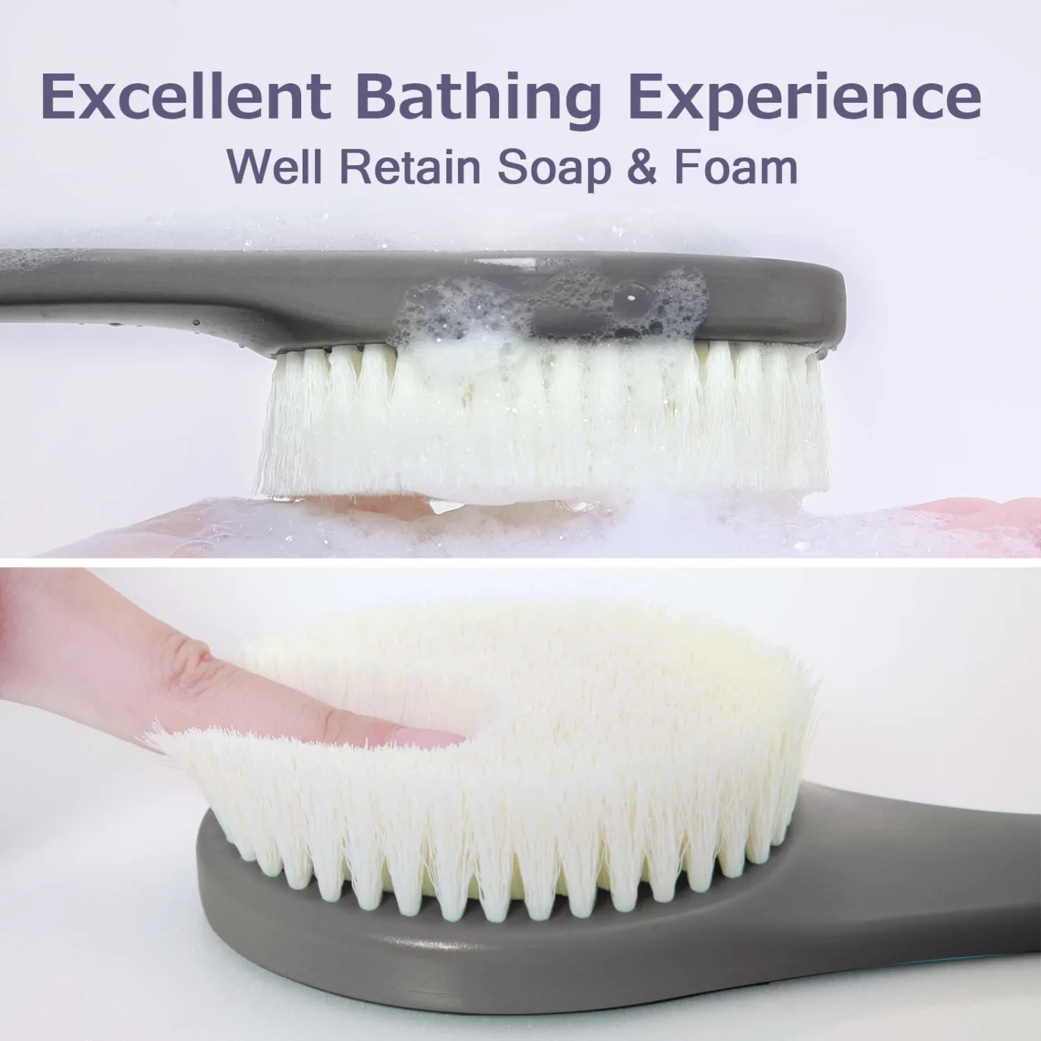 Bath Brush Long Handle for Shower, Soft Bristle Back Scrubber for Shower, Ergonomics Curved Long Handle Back Brush Exfoliating Body Scrubber with Hook and Lanyard-Grey