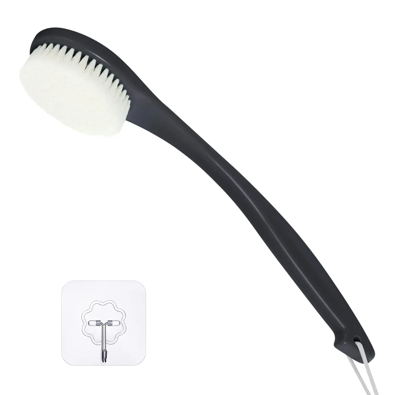 Back Brush Long Handle for Shower, Soft Bristle Back Scrubber for Shower, Ergonomics Curved Long Handle Bath Brush Exfoliating Body Scrubber with Hook and Lanyard-Black