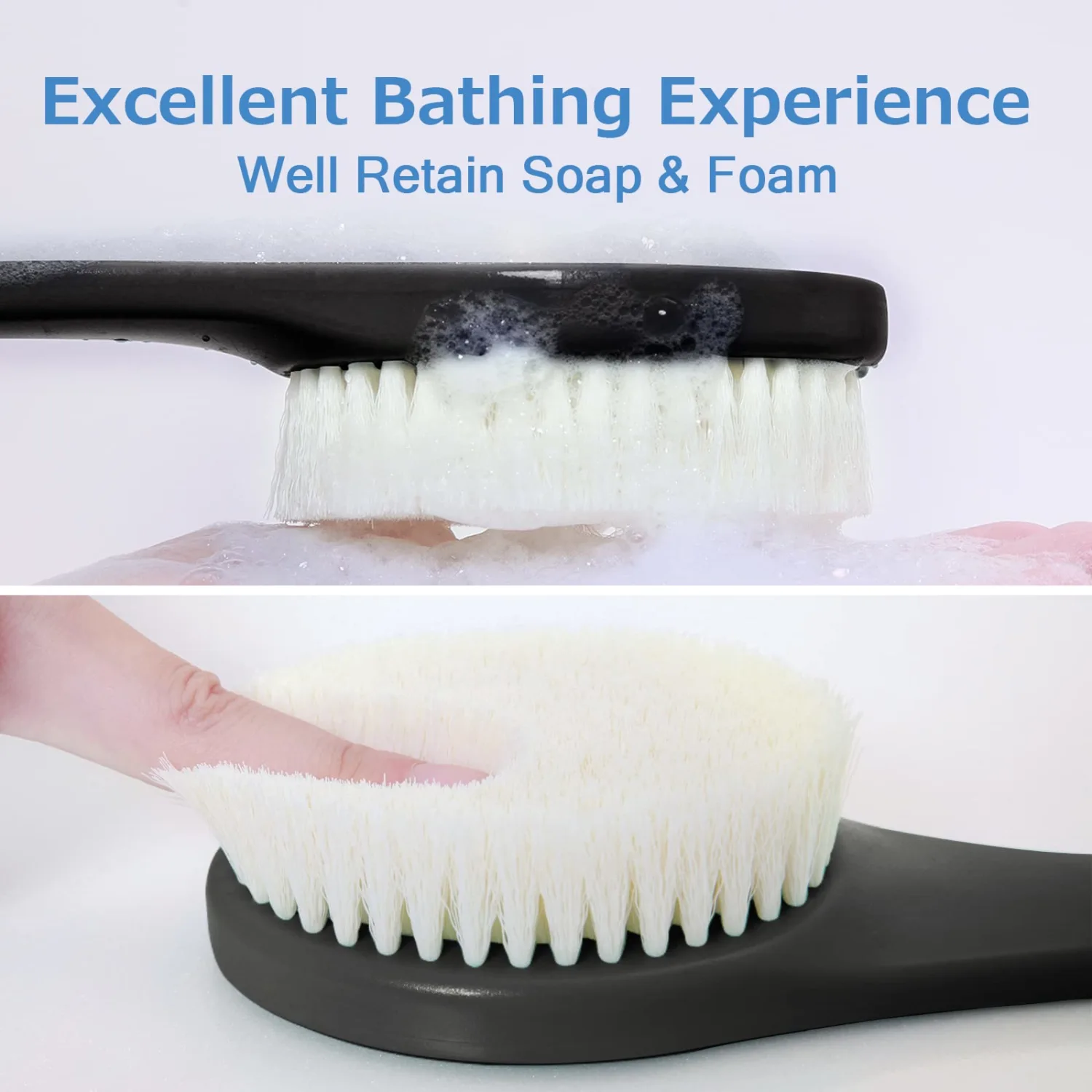 Back Brush Long Handle for Shower, Soft Bristle Back Scrubber for Shower, Ergonomics Curved Long Handle Bath Brush Exfoliating Body Scrubber with Hook and Lanyard-Black
