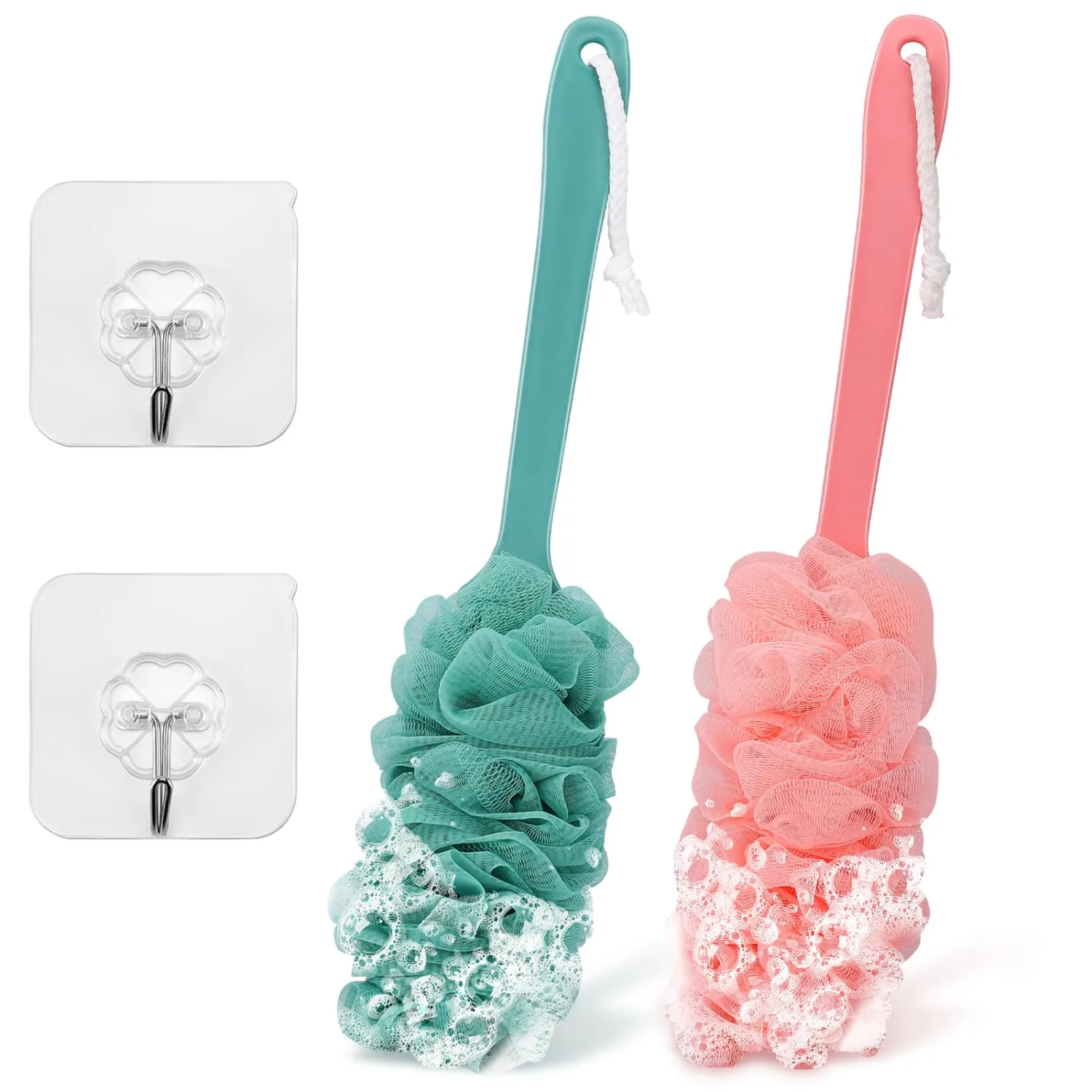 2Pack Back Scrubber for Shower Loofah with Long Handle, Shower Brush for Body, 17″ Loofah on a Stick for Men Women Bathing Accessories, Scrubber Sponge for Exfoliating Bath Brushes (Pink & Green)