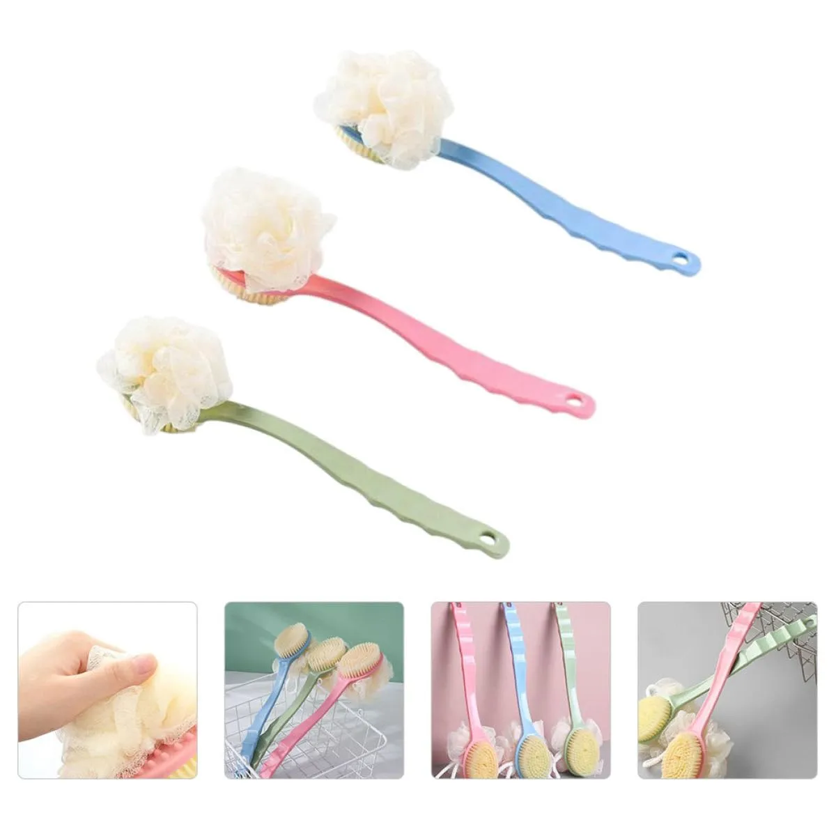 NOLITOY 3pcs Long Handle Bath Brush Set with Exfoliating Sponge, Back Scrubber for Shower and Bathing, Multi-Color Cleaning Tools for Men and Women Random Color