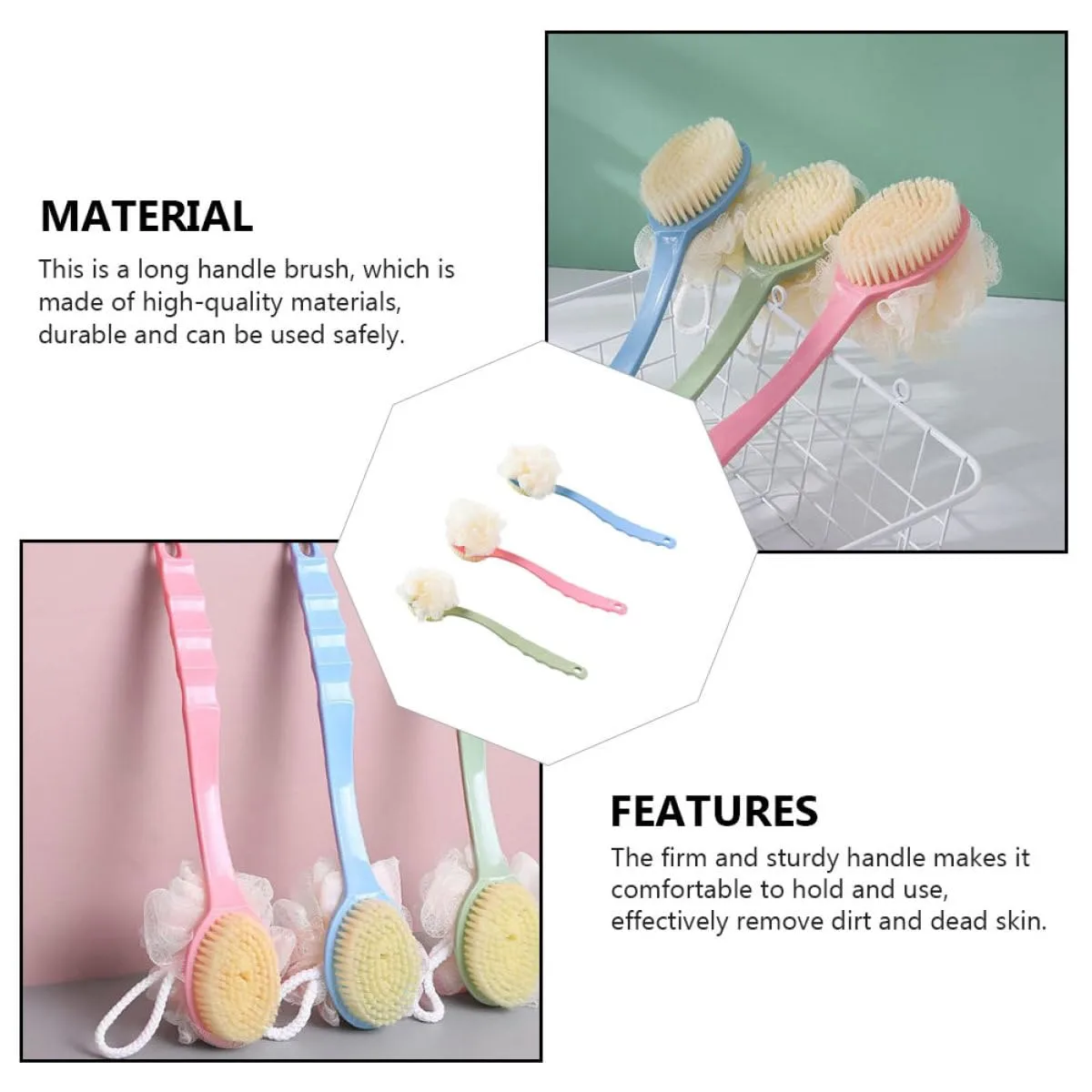 3pcs Long Handle Bath Brush Set with Sponge Scrubber, Soft Exfoliating Body Cleaning Brushes for Shower and Bathing, Suitable for Elderly and Daily Skin Care