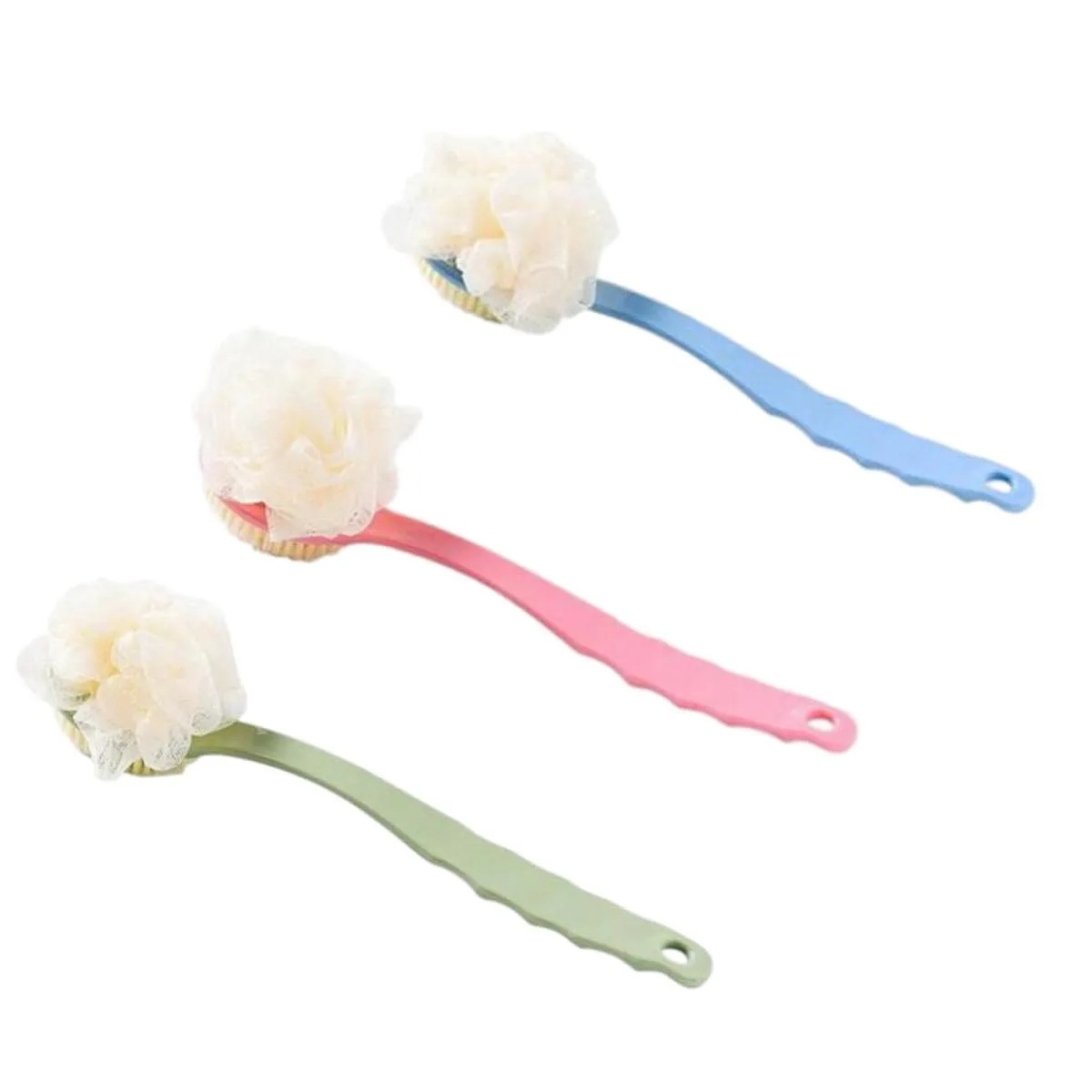 ARTIBETTER 3pcs Long-Handled Bath Brush Set Sponge Scrubber for Back and Body Exfoliating, Assorted Blue Pink Green, Practical Shower Cleaning Tool for Daily Bathing Random Color