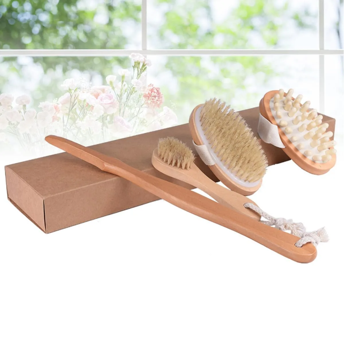 Housoutil 4pcs Bath Brush and Scrubber Set with Padded Handles, Portable Bathing Tools for Home Shower, Exfoliating Body Cleaning Accessories