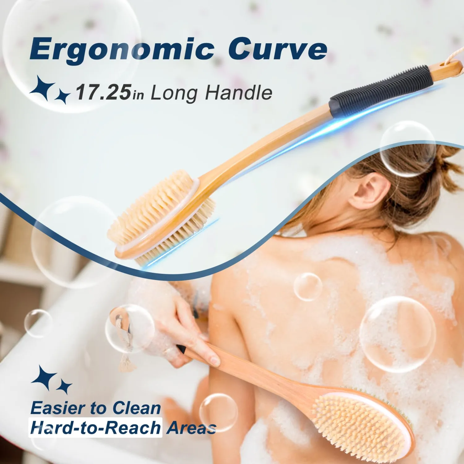 Long Handle Ergonomically Back Scrubber/Brush for Shower, Double Sided Exfoliating Body Scrubber for Women and Men (Black)