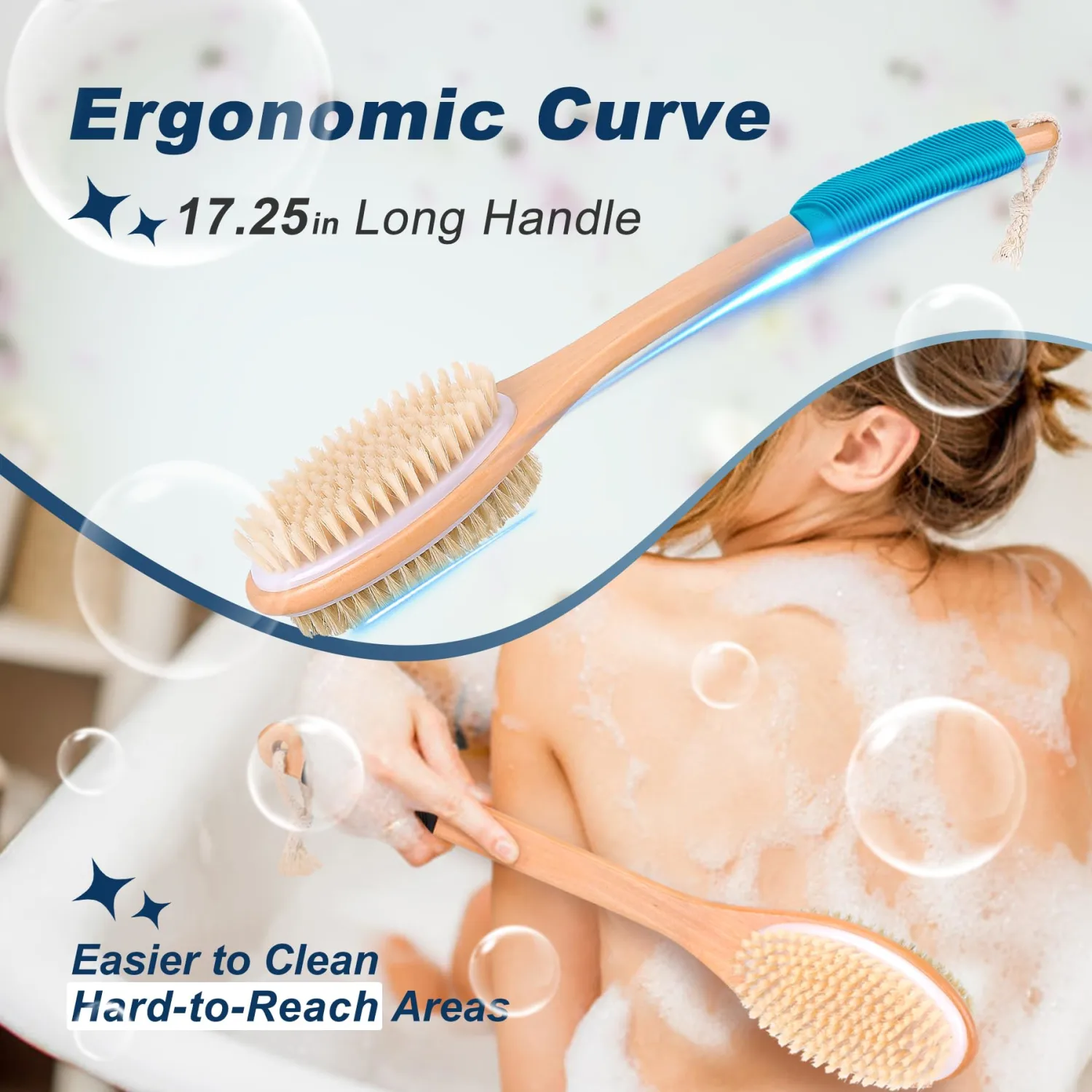Long Handle Ergonomically Back Scrubber/Brush for Shower, Double Sided Exfoliating Body Scrubber for Women and Men (Blue)