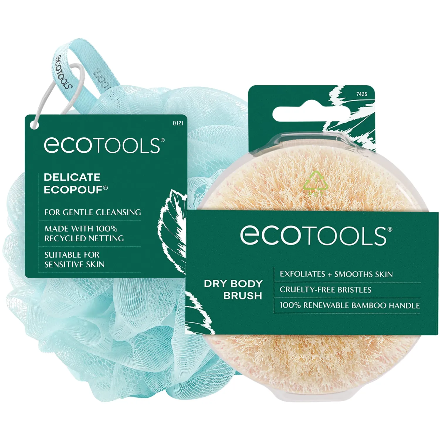 EcoTools Dry Body Brush for Circulation, Dead Skin Removal + Blue Delicate EcoPouf Made with Recycled Netting for Cleansing & Exfoliating Sensitive Skin, Self-Care Gifts