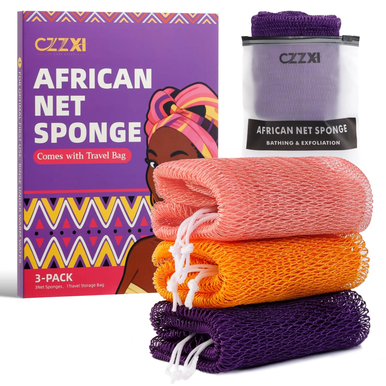African Net Sponge 3 Pieces, Authentic Exfoliating Body Scrubber for Back & All Skin Types, Bath Sponge for Face & Body with Gentle Deep Cleansing (Purple, Pink,Yellow)