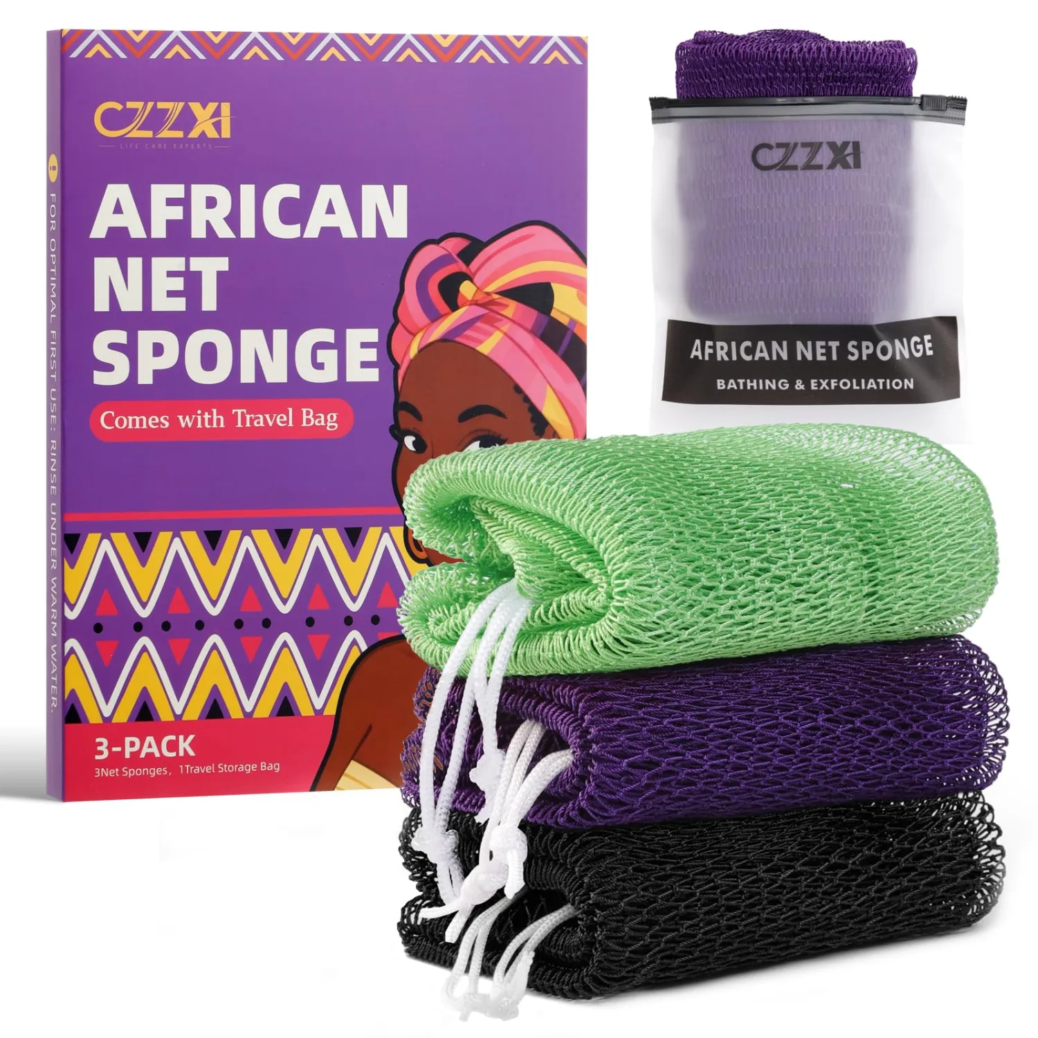 African Net Sponge 3 Pieces, Authentic Exfoliating Body Scrubber for Back & All Skin Types, Bath Sponge for Face & Body with Gentle Deep Cleansing (Purple, Black, Green)