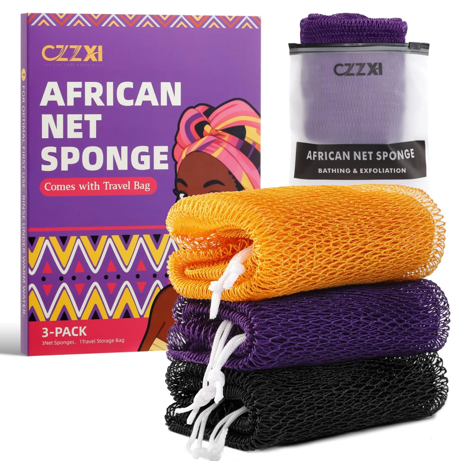 African Net Sponge 3 Pieces, Authentic Exfoliating Body Scrubber for Back & All Skin Types, Bath Sponge for Face & Body with Gentle Deep Cleansing (Purple, Yellow, Black)