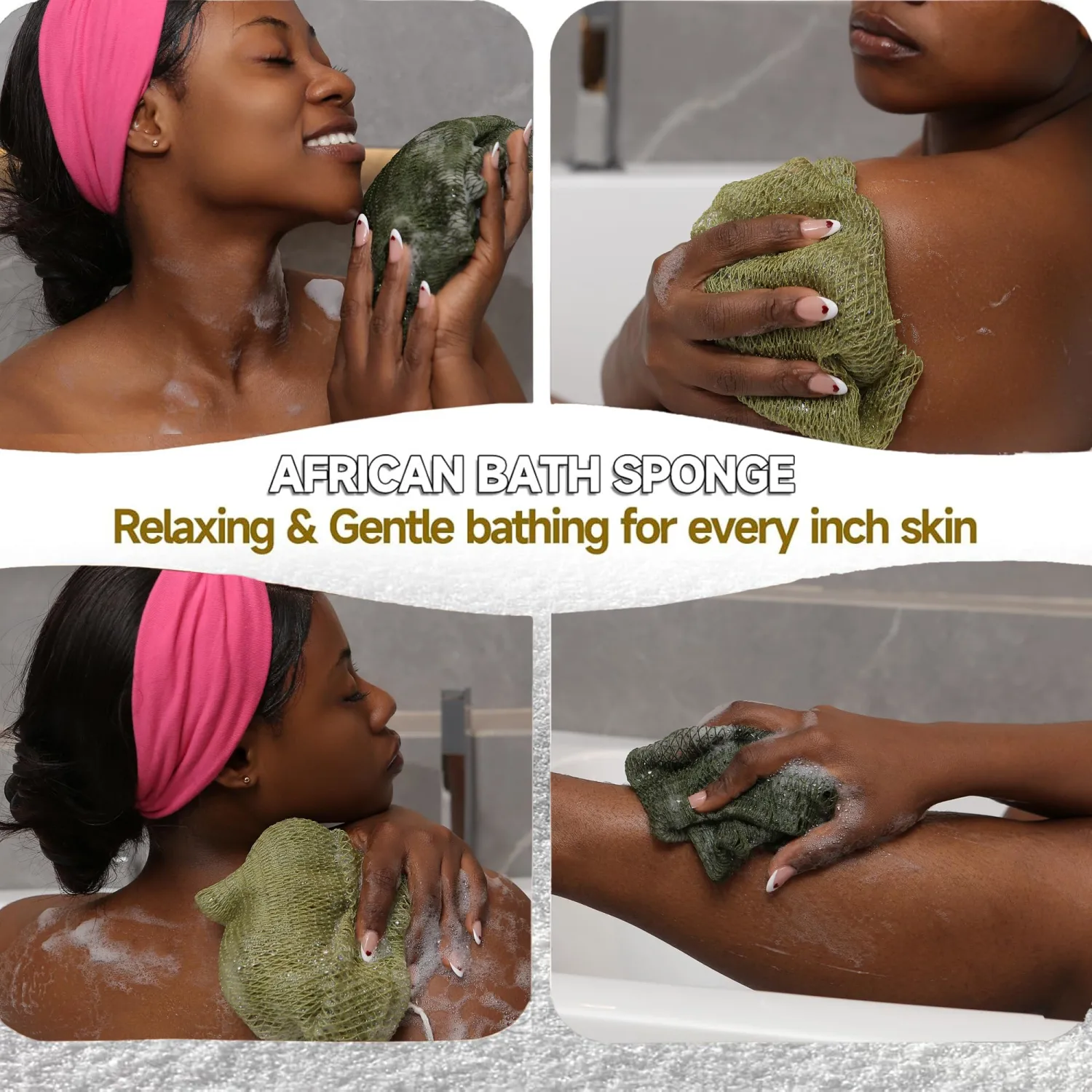 SubSahara Authentic African Net Sponge - 2 Pack Exfoliating Bath & Shower Loofah Sponge for Body & Face, Gentle Scrubber for All Skin Types, Travel, Durable (Olive Green & Light Green)