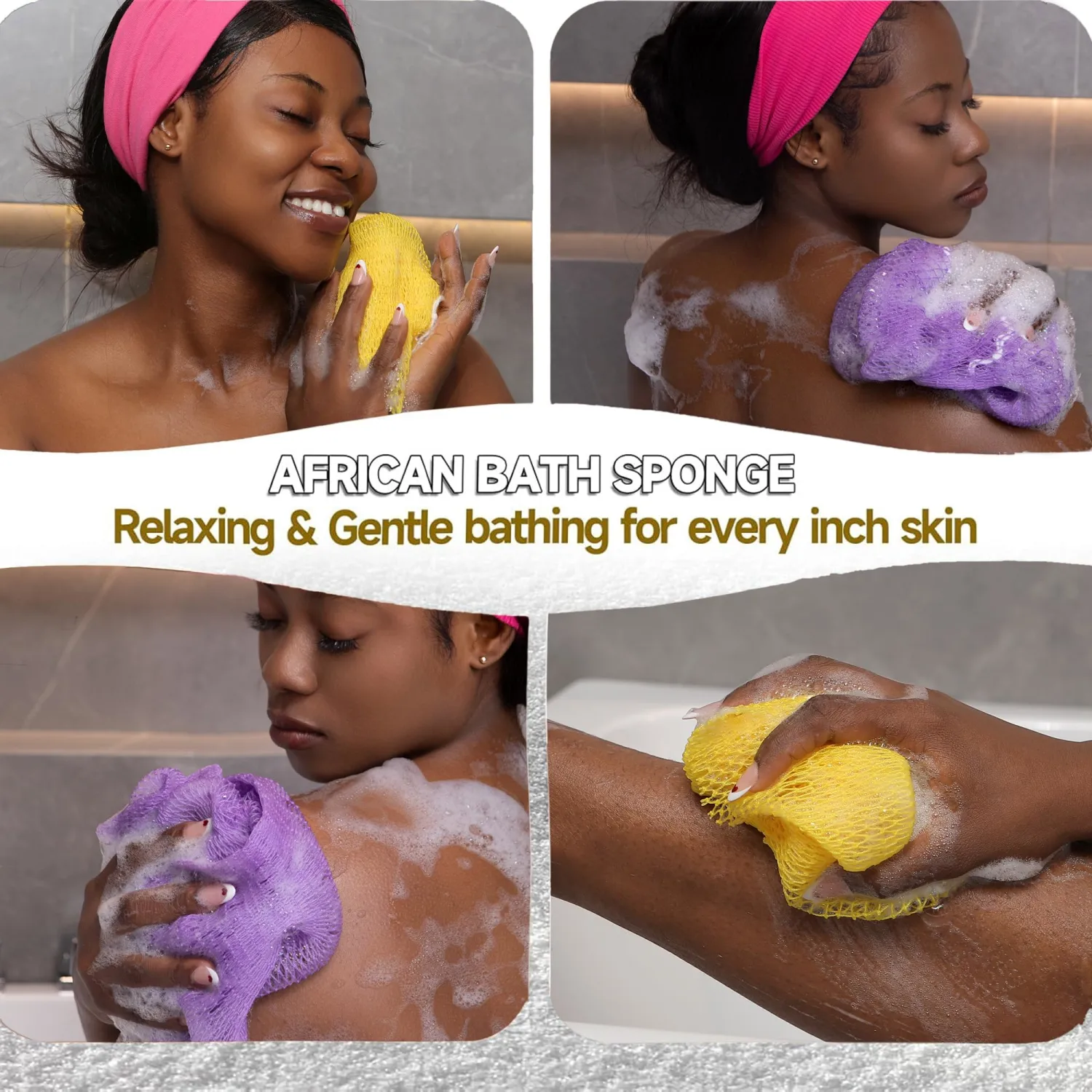 SubSahara Authentic African Net Sponge - 2 Pack Exfoliating Bath & Shower Loofah Sponge for Body & Face, Gentle Scrubber for All Skin Types, Travel, Durable (Lavender Purple & Bright Yellow)