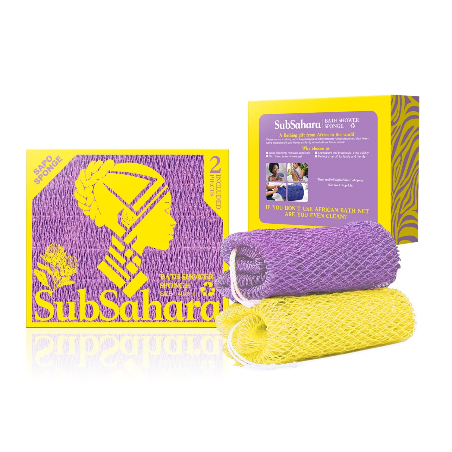 SubSahara Authentic African Net Sponge - 2 Pack Exfoliating Bath & Shower Loofah Sponge for Body & Face, Gentle Scrubber for All Skin Types, Travel, Durable (Lavender Purple & Bright Yellow)