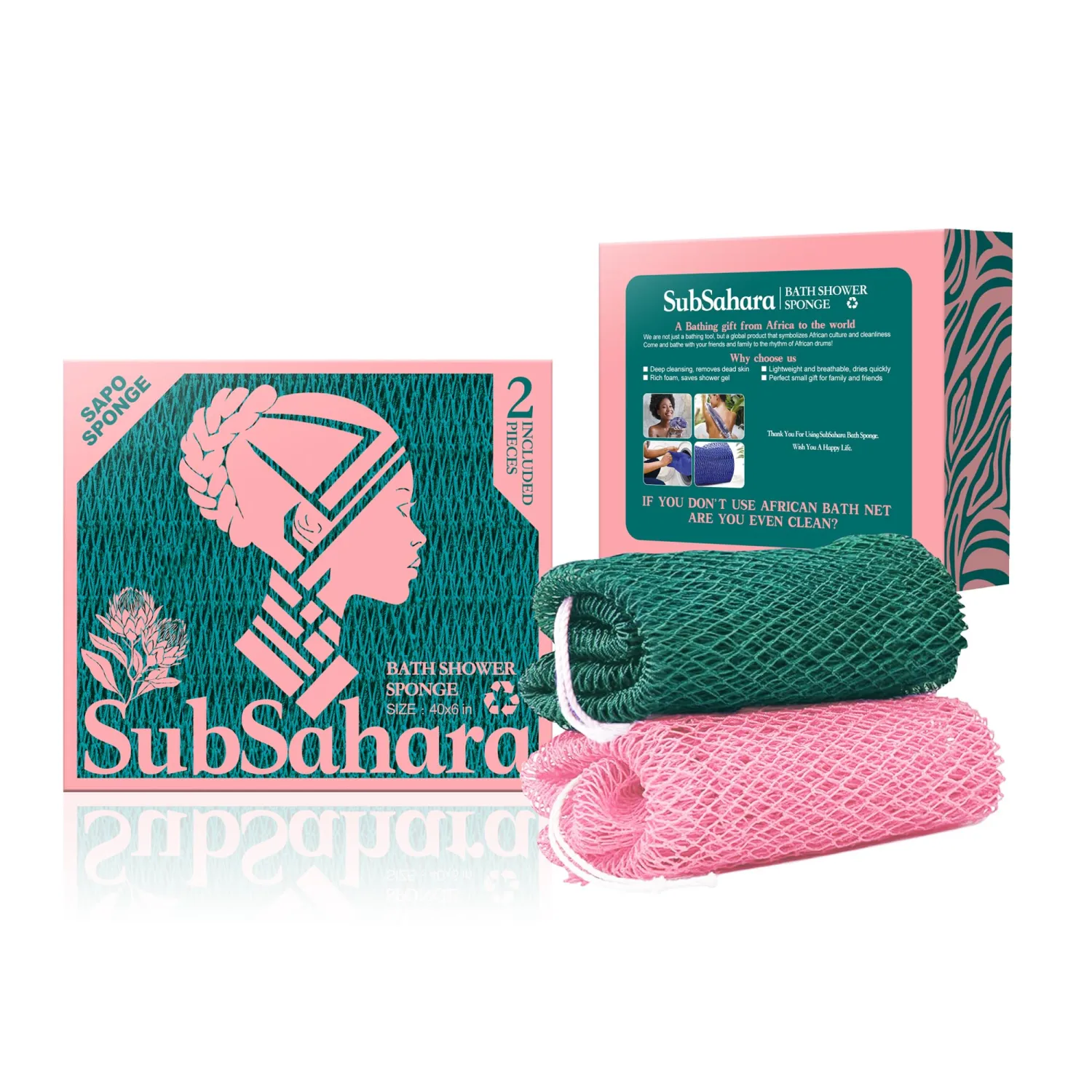 SubSahara Authentic African Net Sponge - 2 Pack Exfoliating Bath & Shower Loofah Sponge for Body & Face, Gentle Scrubber for All Skin Types, Travel, Durable (Ligh Pink & Teal)