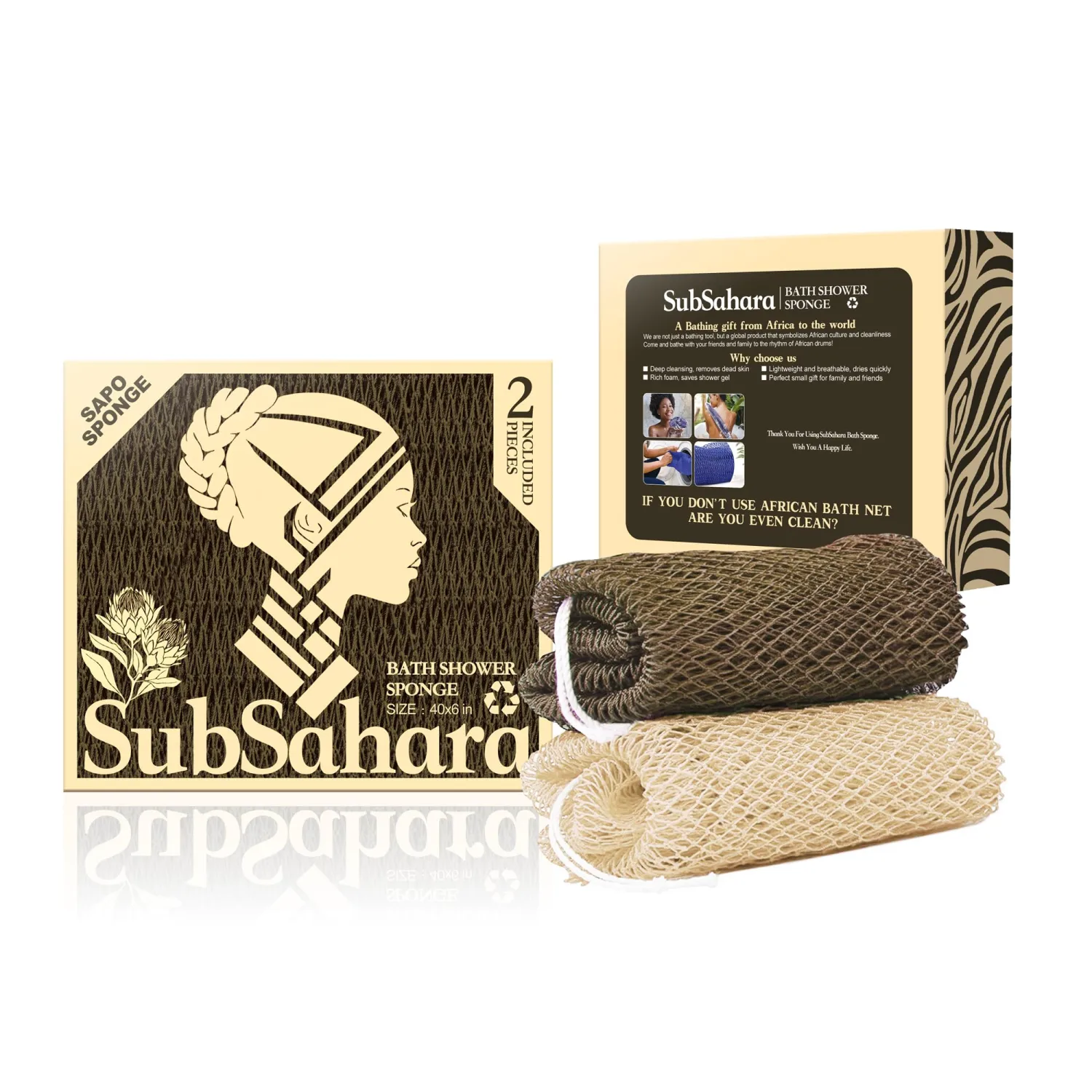 SubSahara Authentic African Net Sponge - 2 Pack Exfoliating Bath & Shower Loofah Sponge for Body & Face, Gentle Scrubber for All Skin Types, Travel, Durable (Linen & Brown)